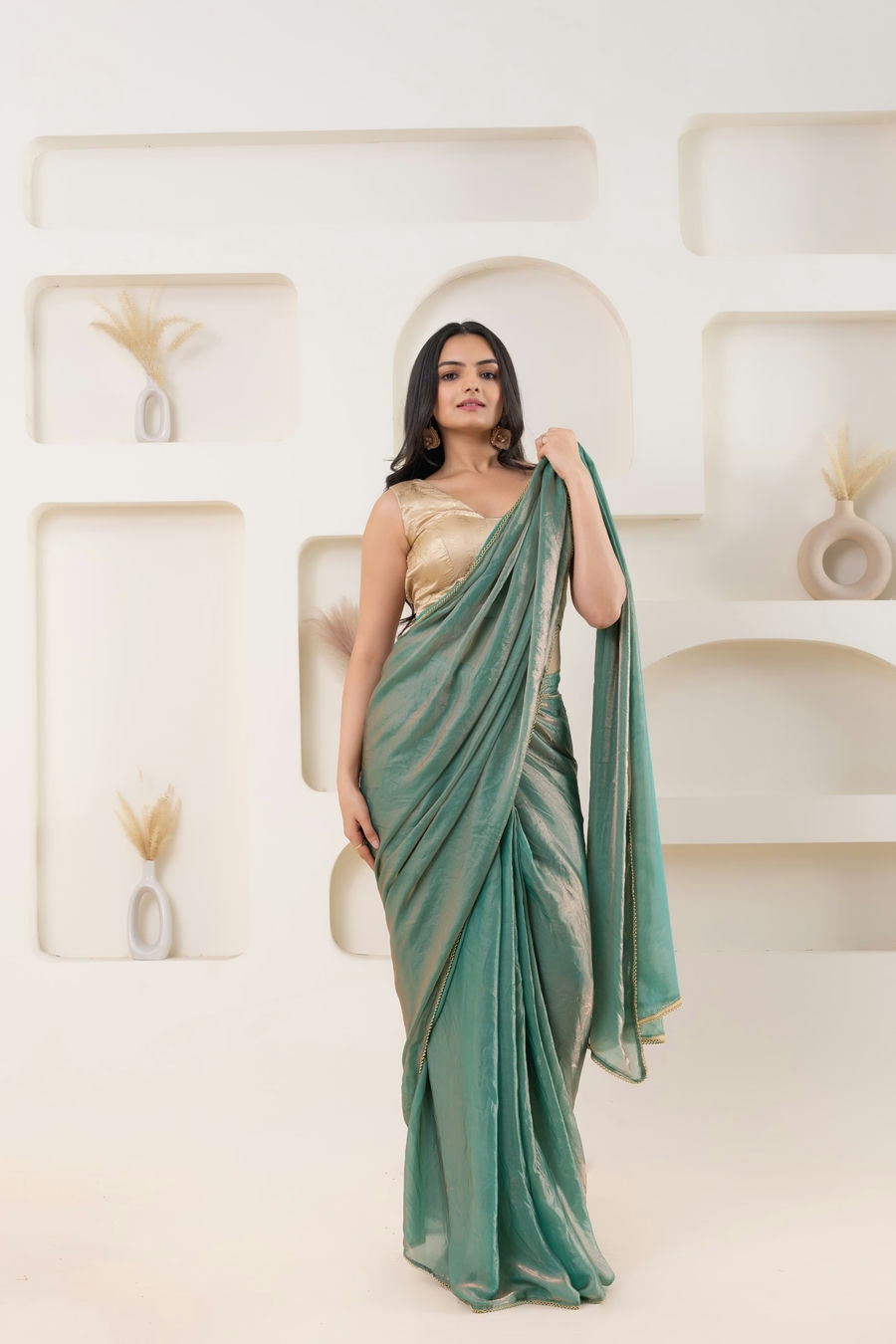 Lustrous Tissue Silk Solid Ready to Wear Green Saree with Printed Blouse