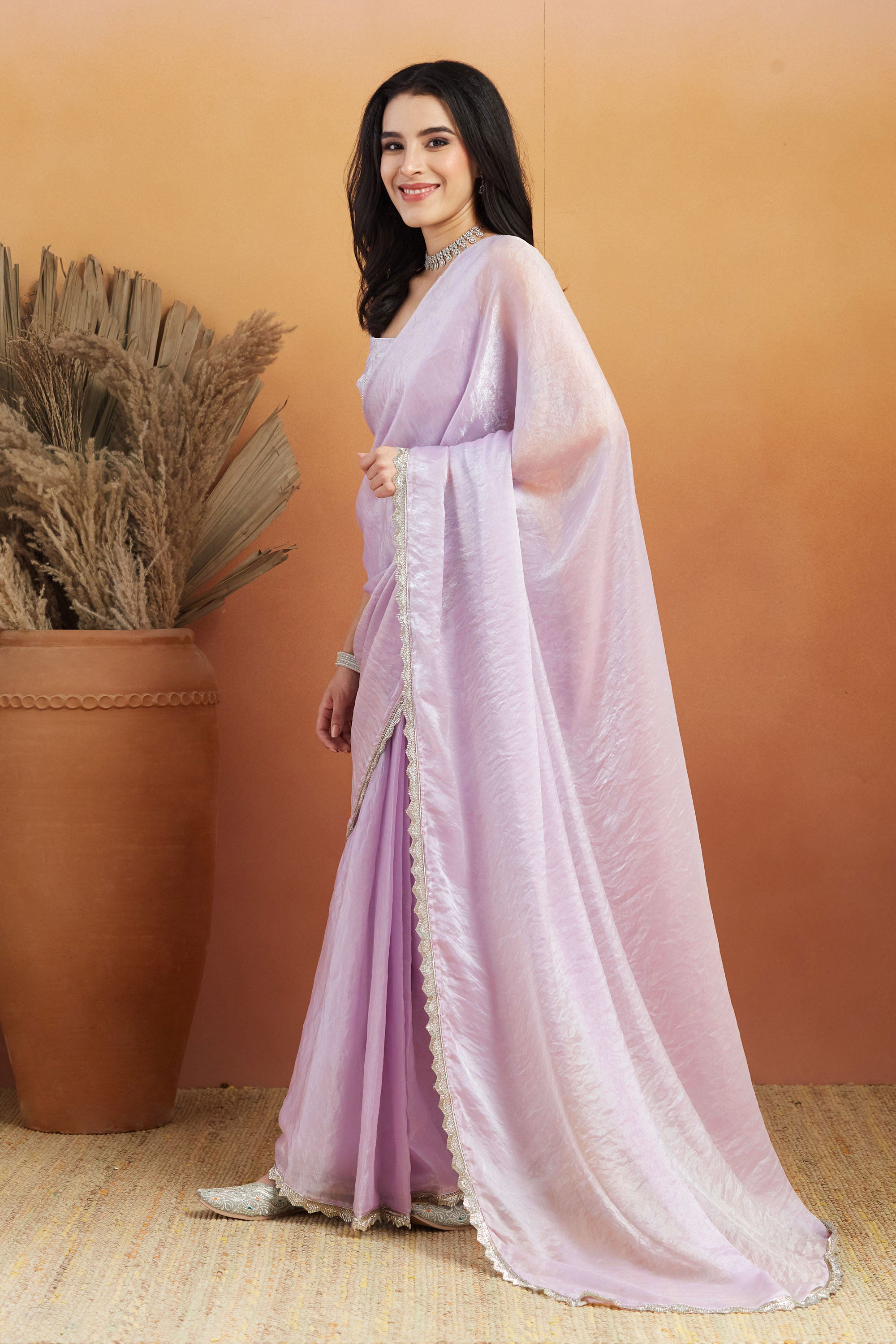 Embellished Cutwork Lace Glass Purple Tissue Saree