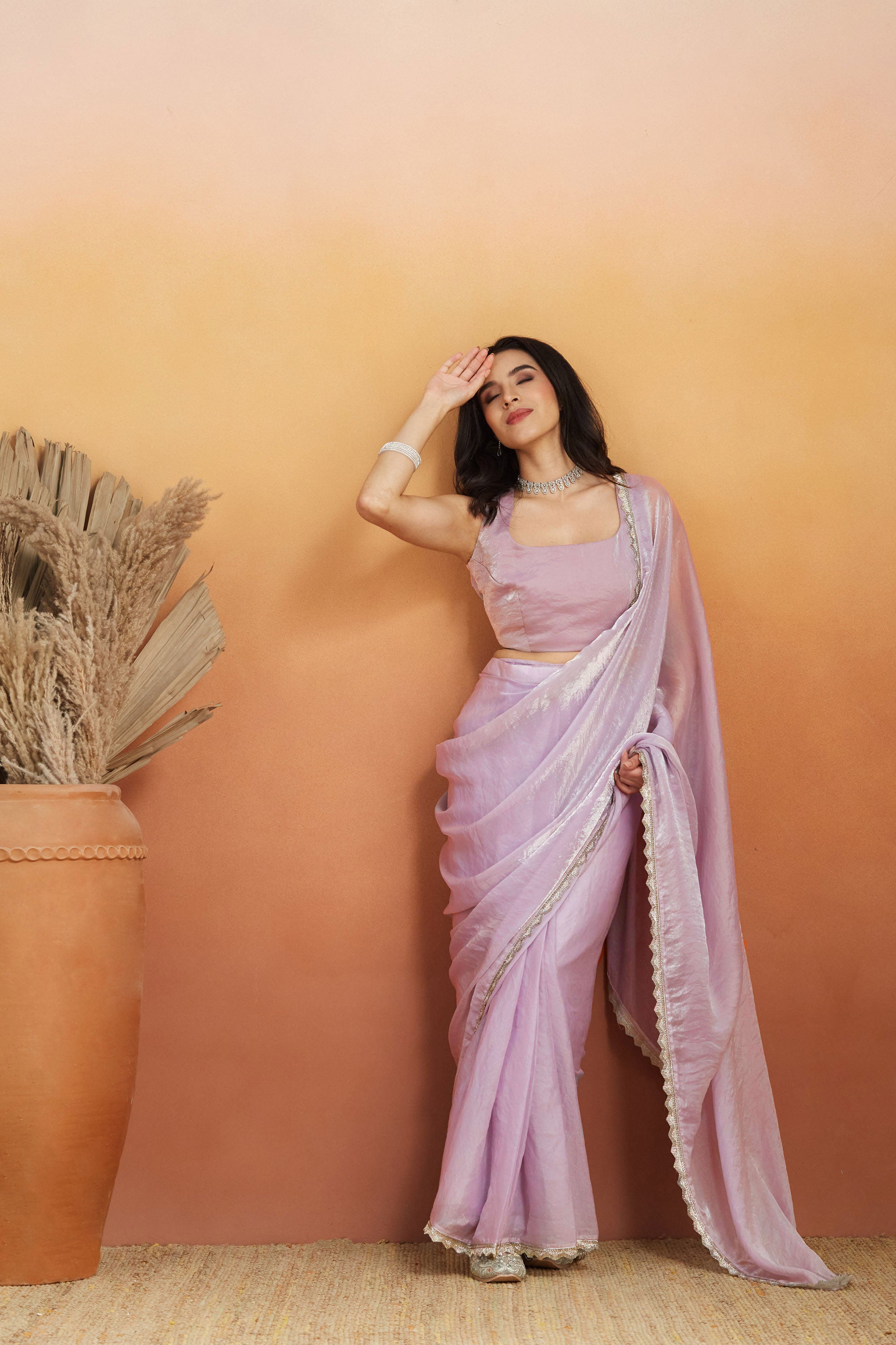 Embellished Cutwork Lace Glass Purple Tissue Saree