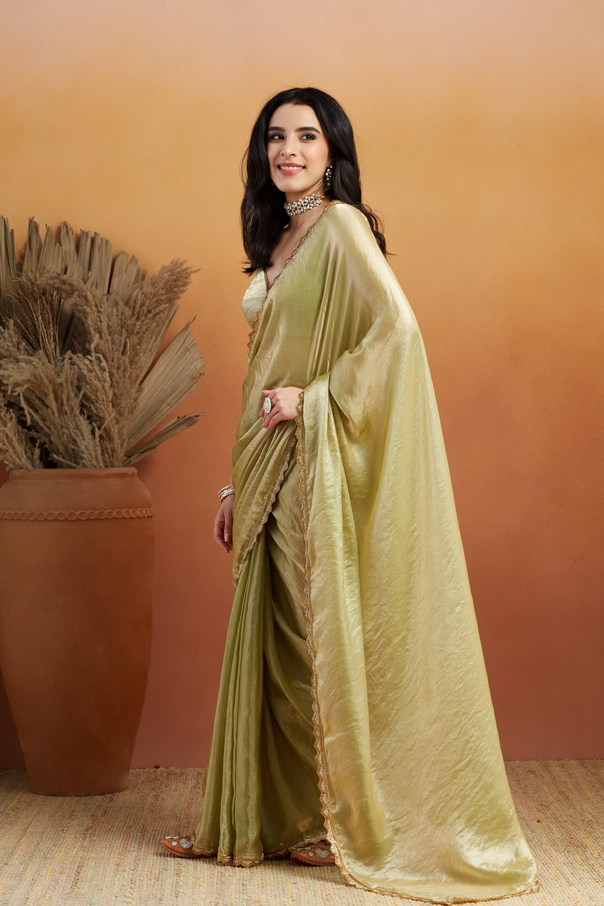 Embellished Cutwork Lace Glass Green Tissue Saree
