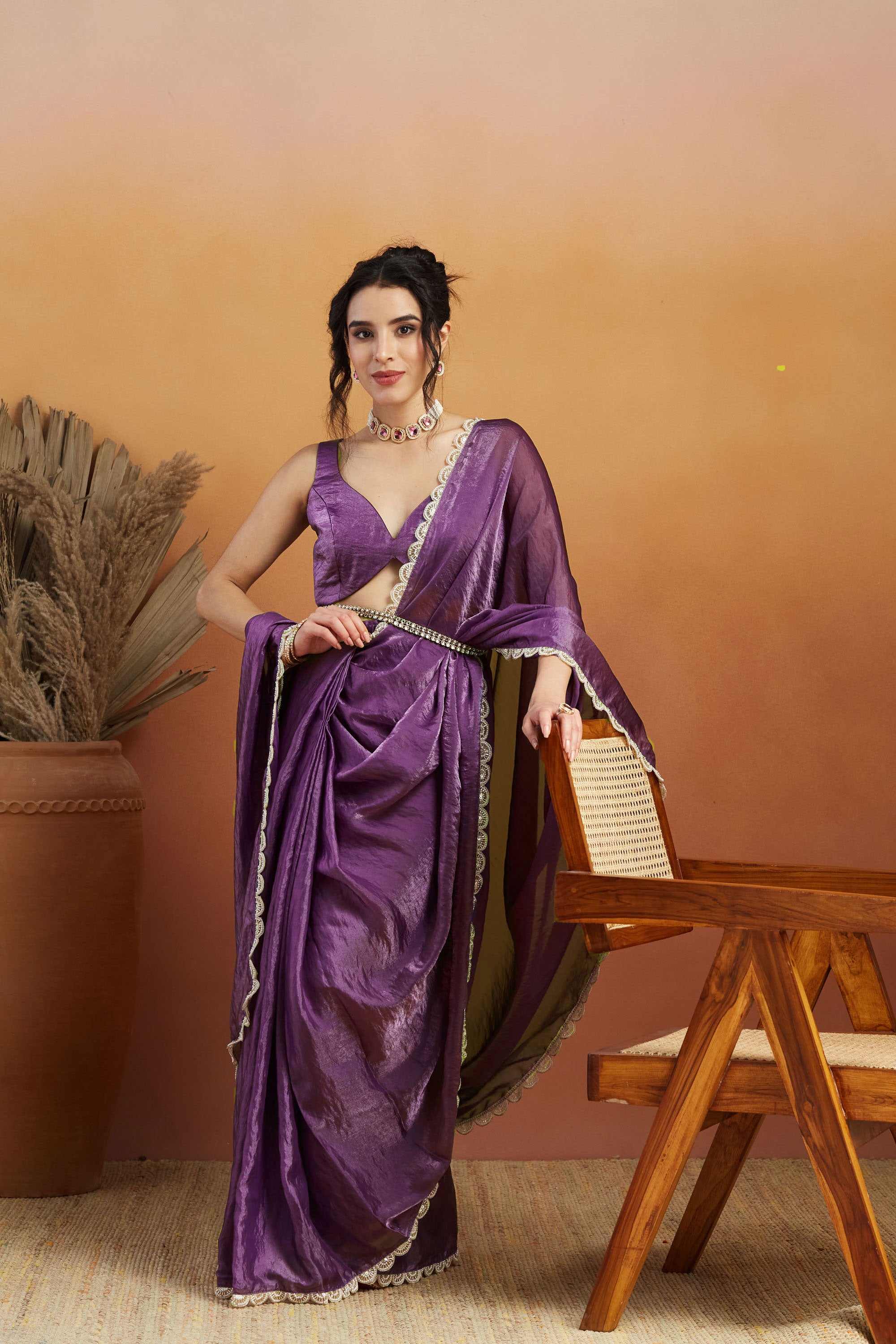 Handwork Lace Lavender Glass Tissue Saree