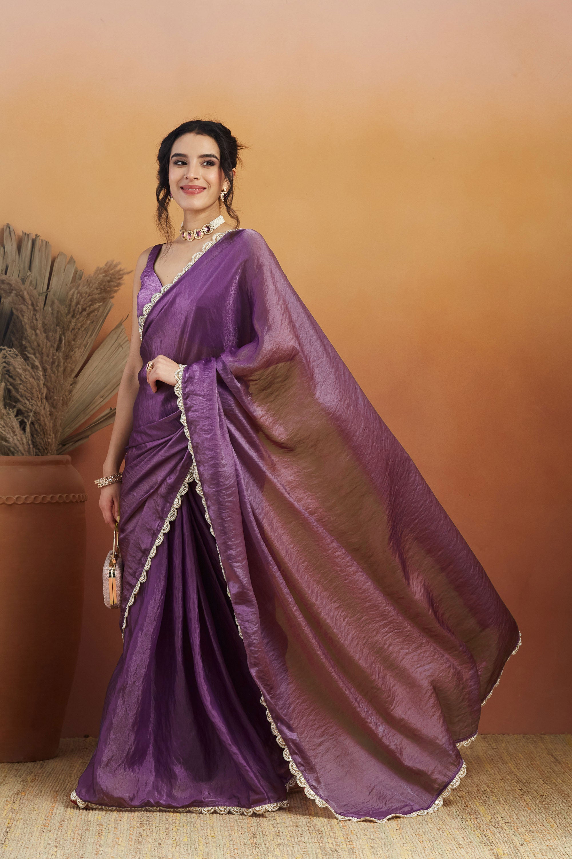 Handwork Lace Lavender Glass Tissue Saree