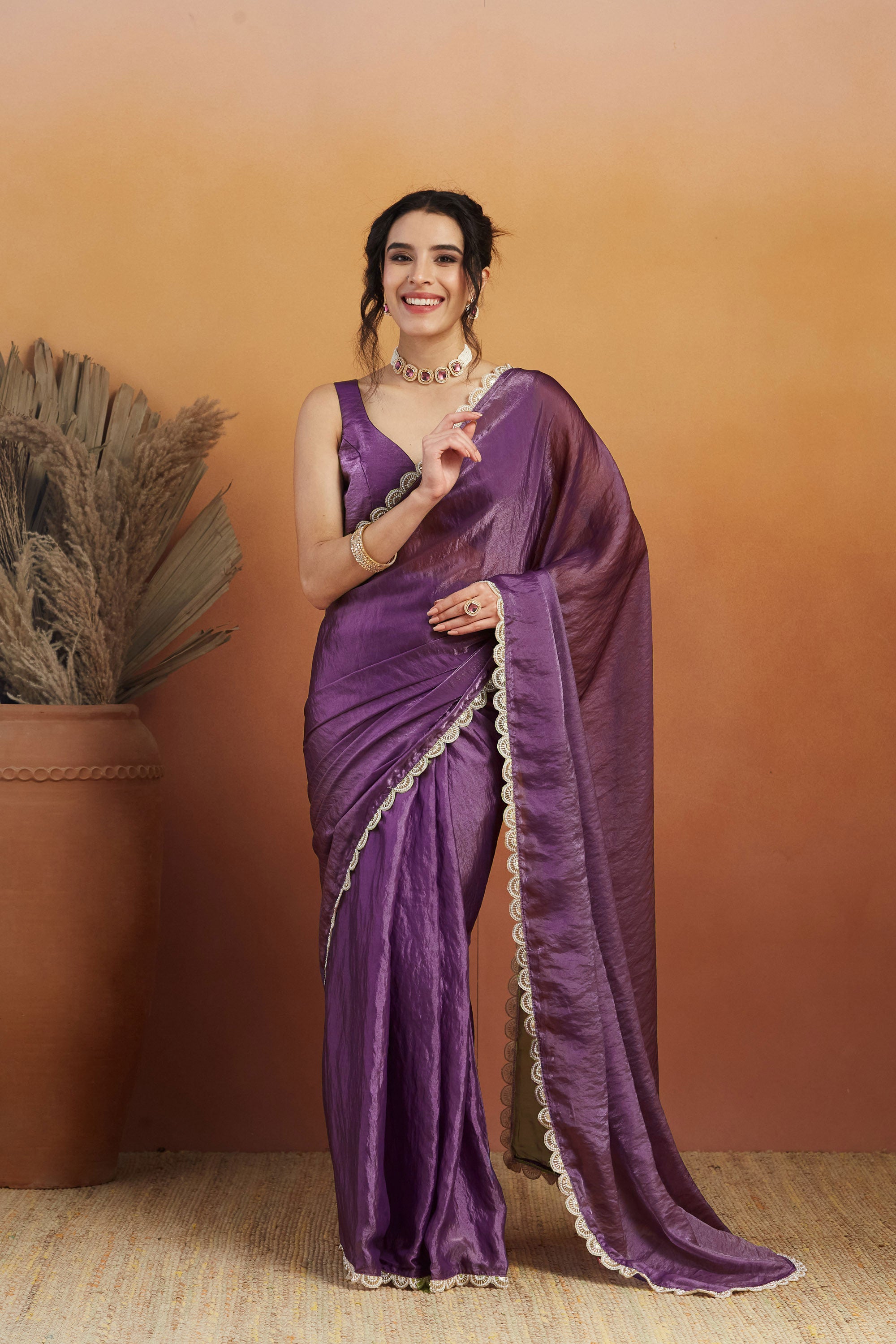 Handwork Lace Lavender Glass Tissue Saree