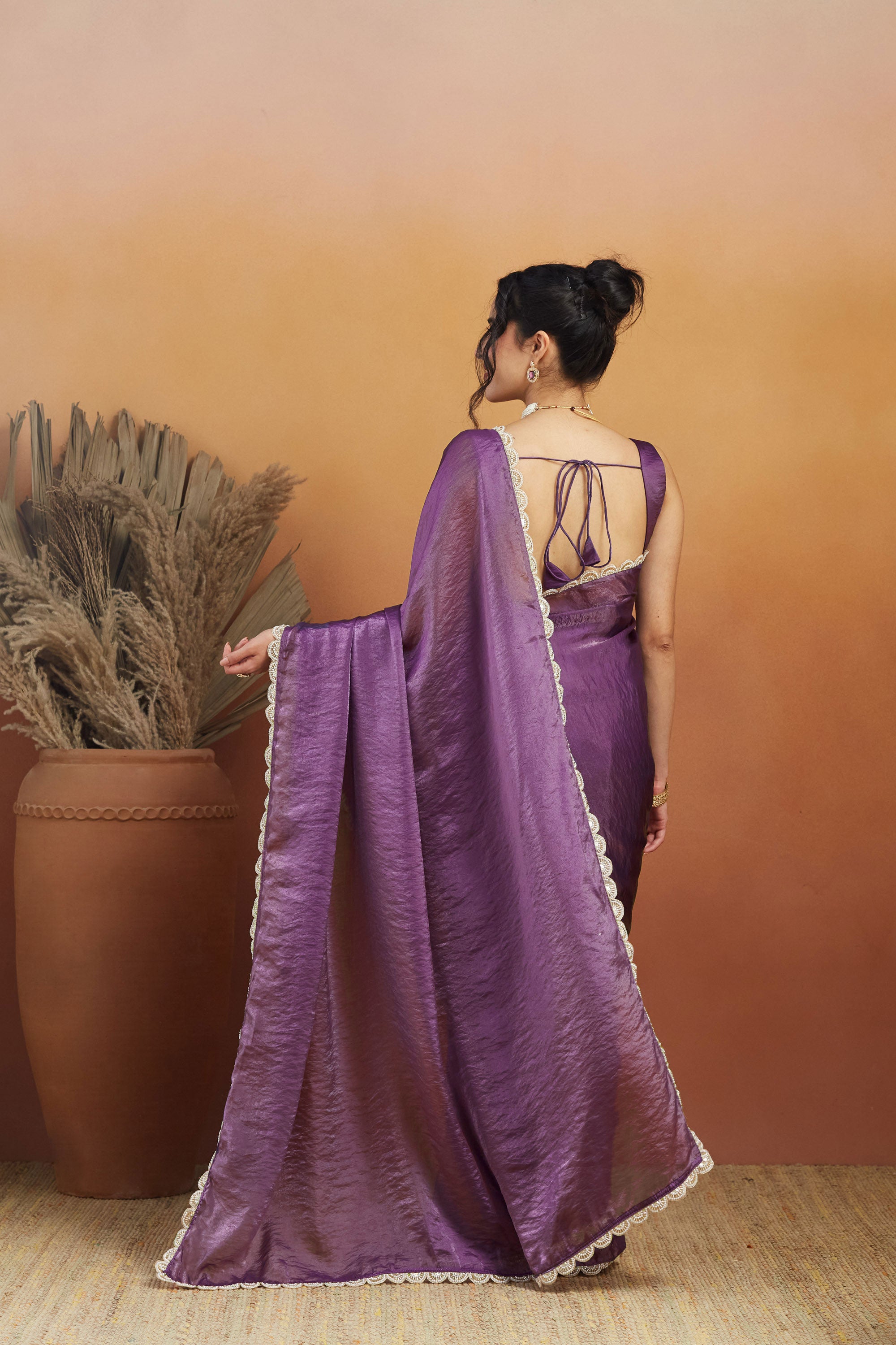 Handwork Lace Lavender Glass Tissue Saree