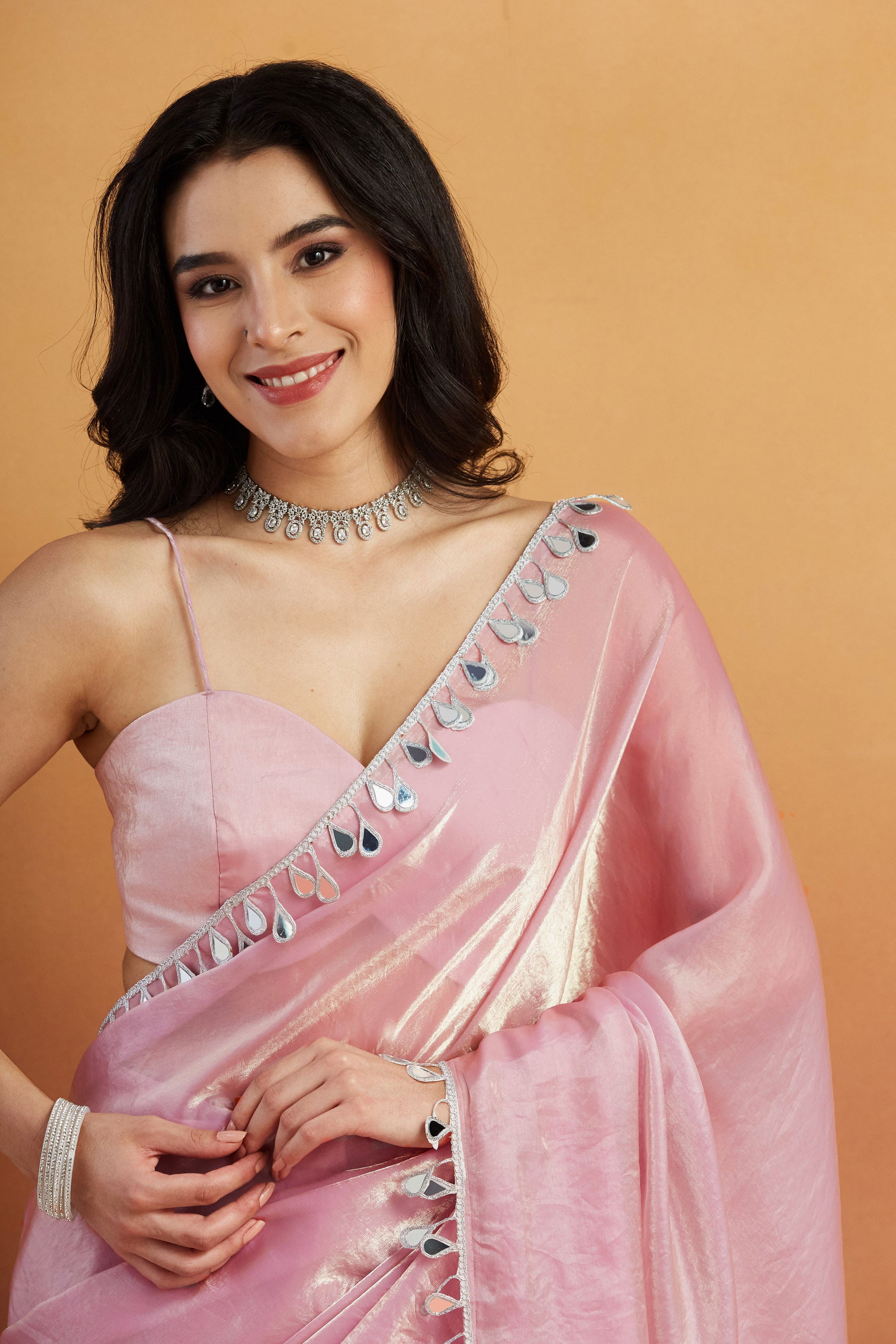 Mirror Work Lace Glass Chiffon Pink  Saree