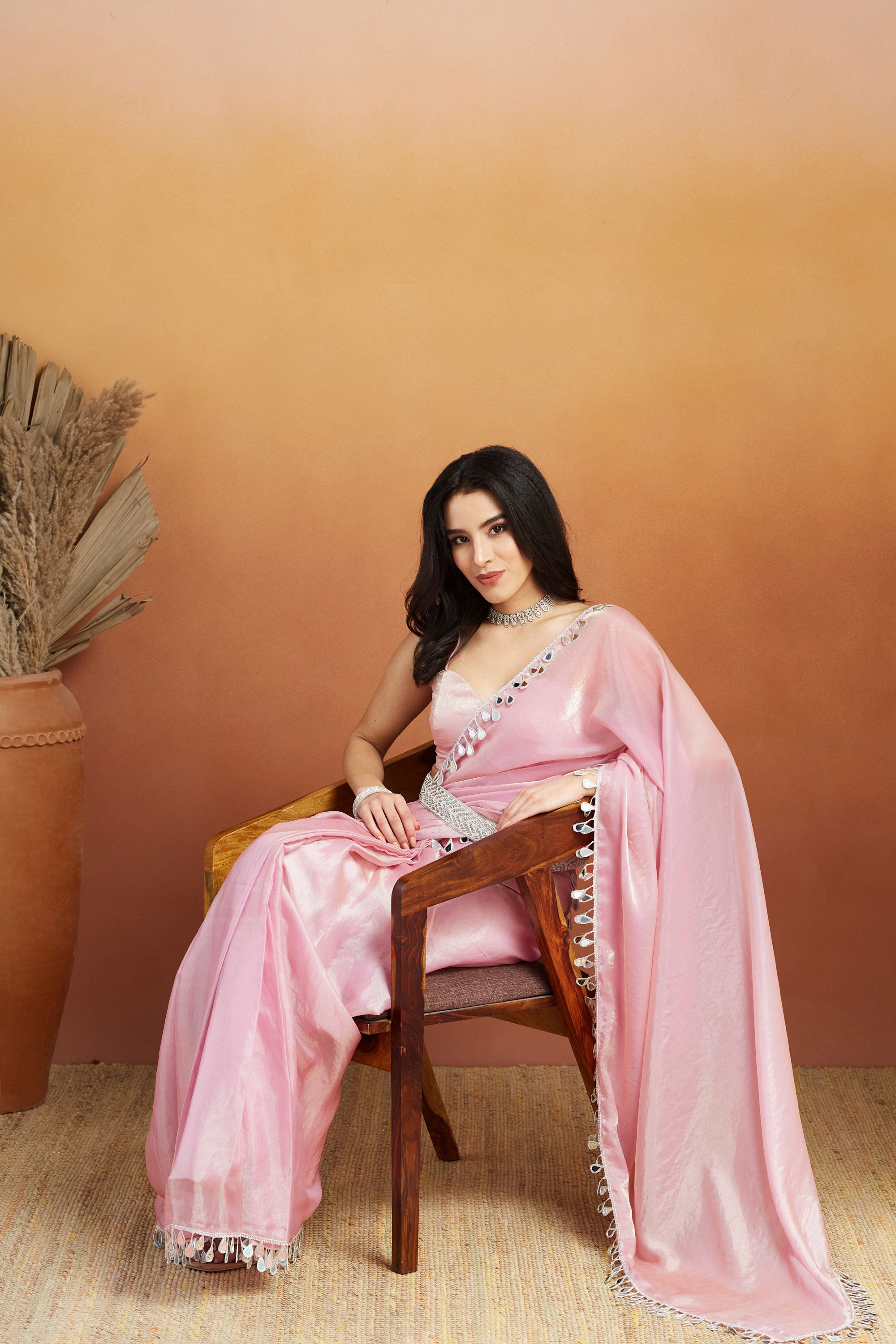 Mirror Work Lace Glass Chiffon Pink  Saree