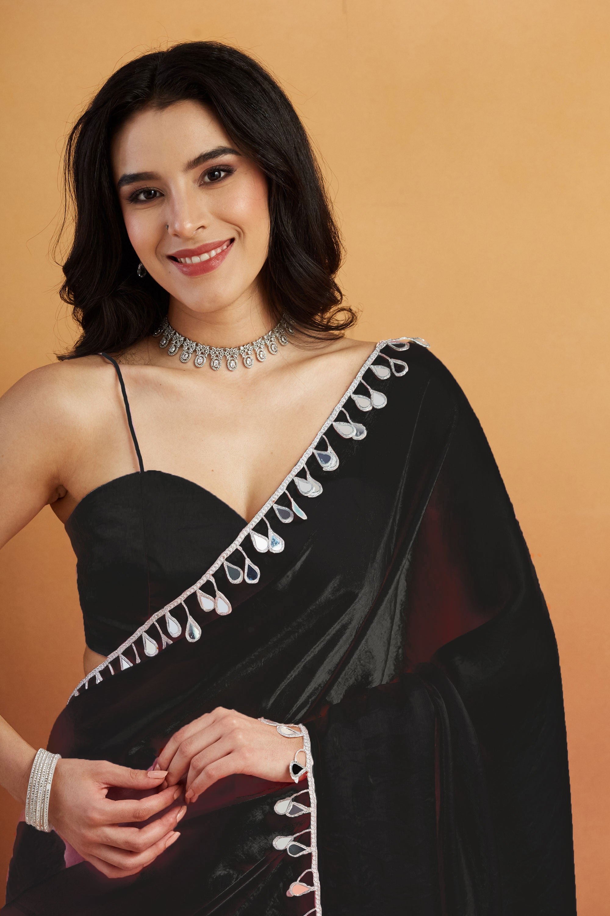 Black Designer Tissue Saree with Sequins Work