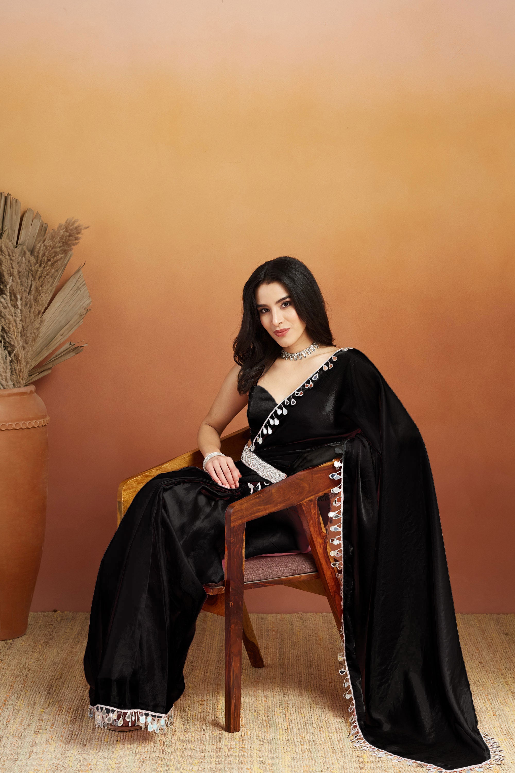 Black Designer Tissue Saree with Sequins Work
