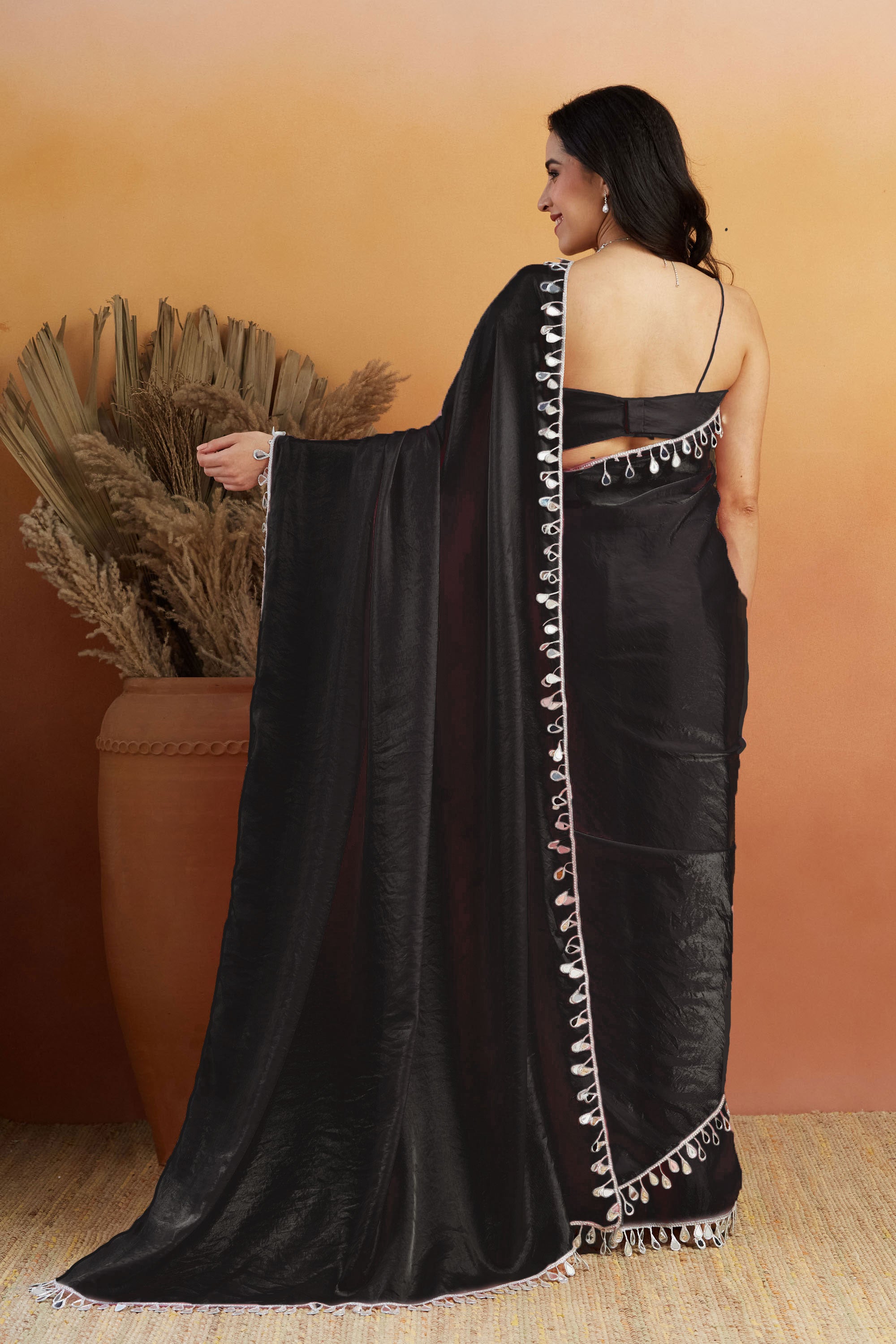 Black Designer Tissue Saree with Sequins Work
