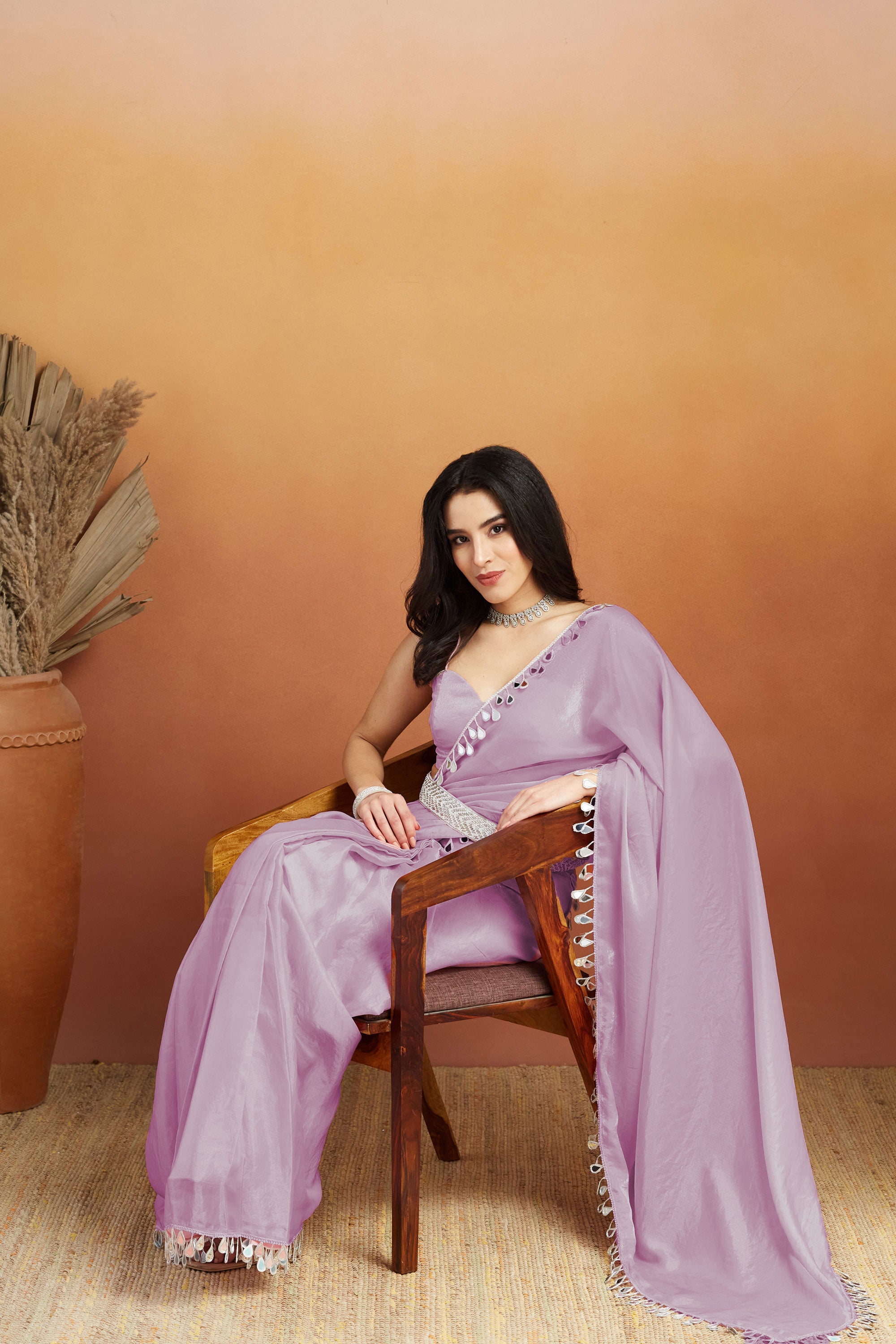 Lavender Designer Tissue Ready To Wear Saree with Mirror Work
