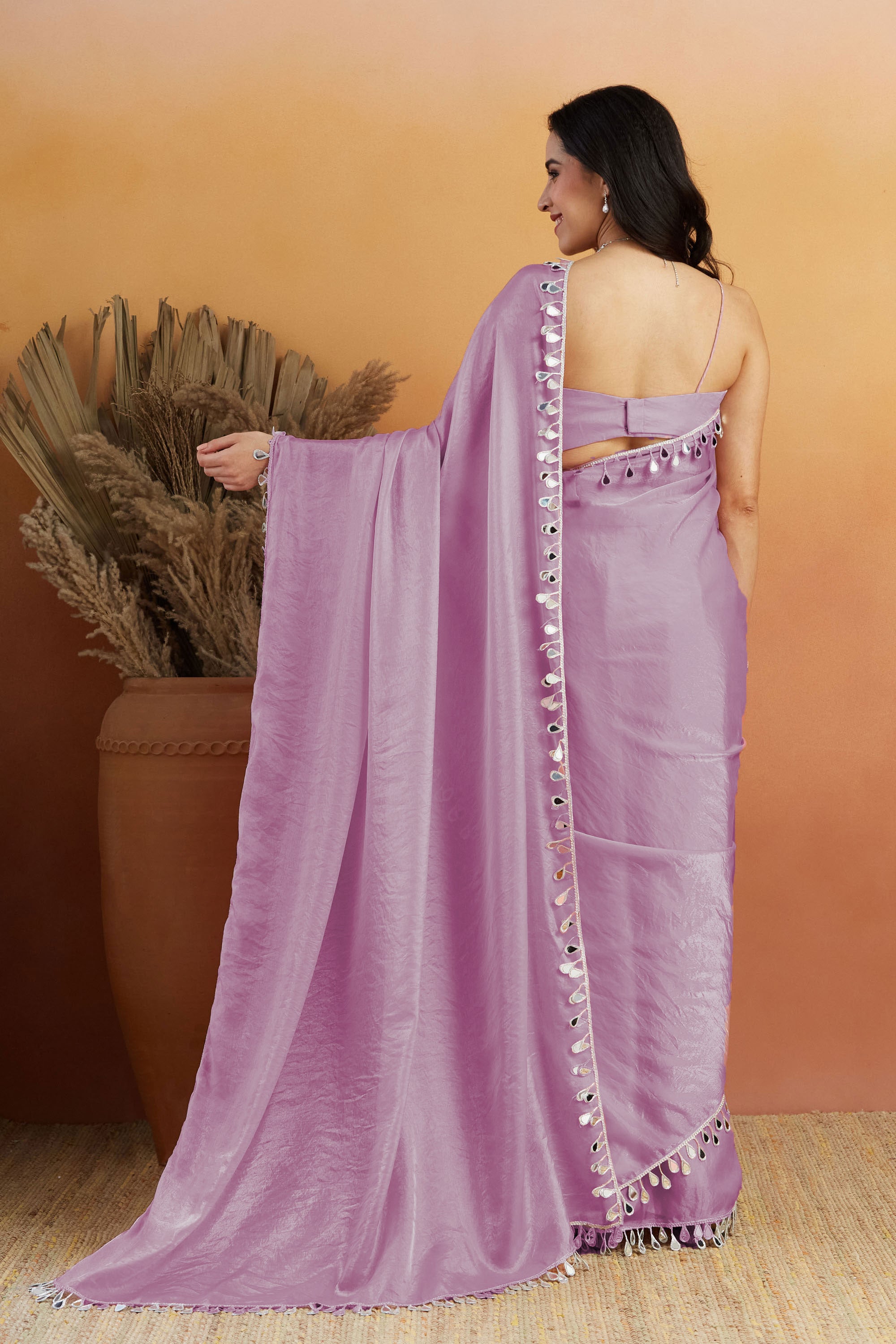 Lavender Designer Tissue Ready To Wear Saree with Mirror Work
