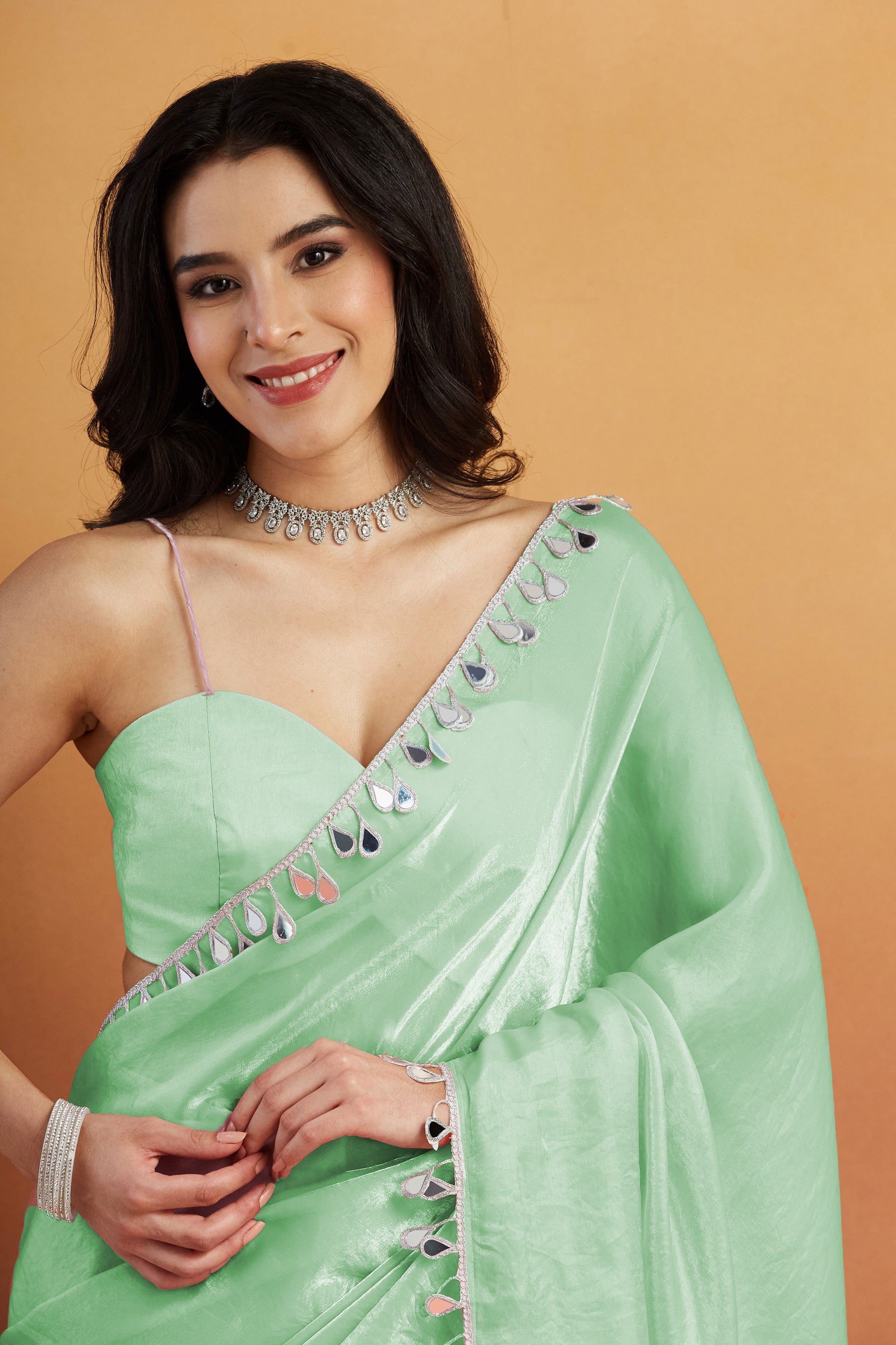 Sea Green Designer Tissue Ready To Wear Saree with Mirror Work