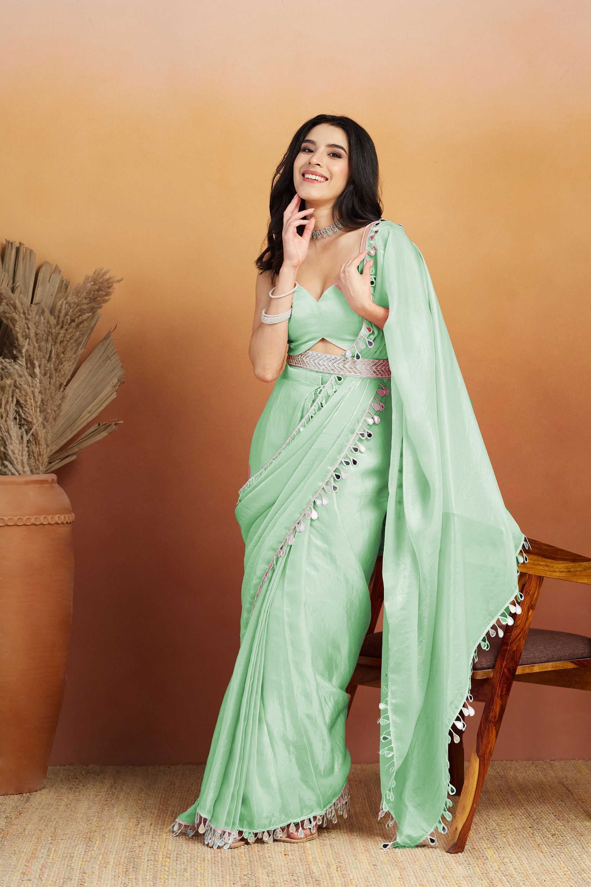 Sea Green Designer Tissue Ready To Wear Saree with Mirror Work