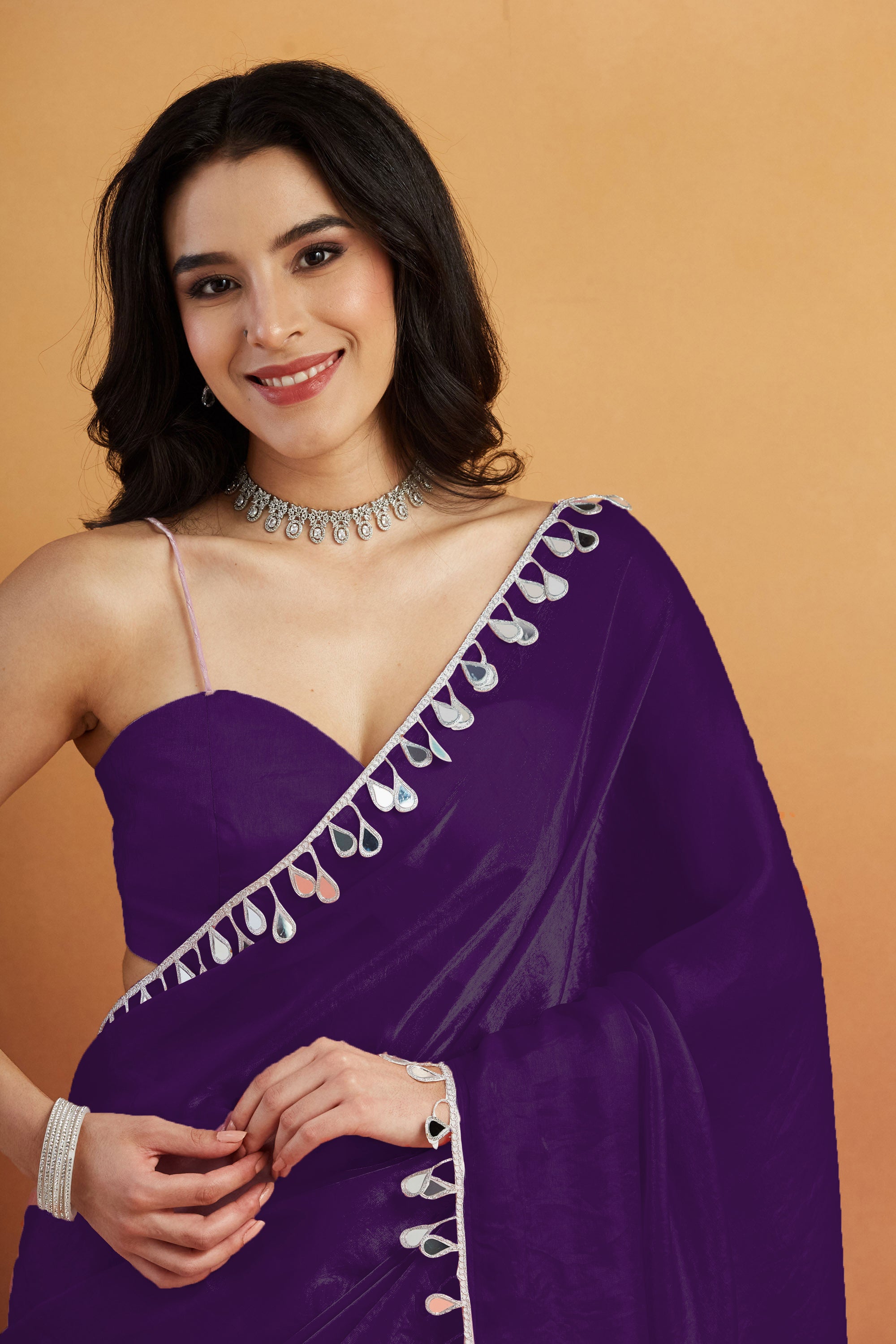 Purple Designer Tissue Ready To Wear Saree with Mirror Work