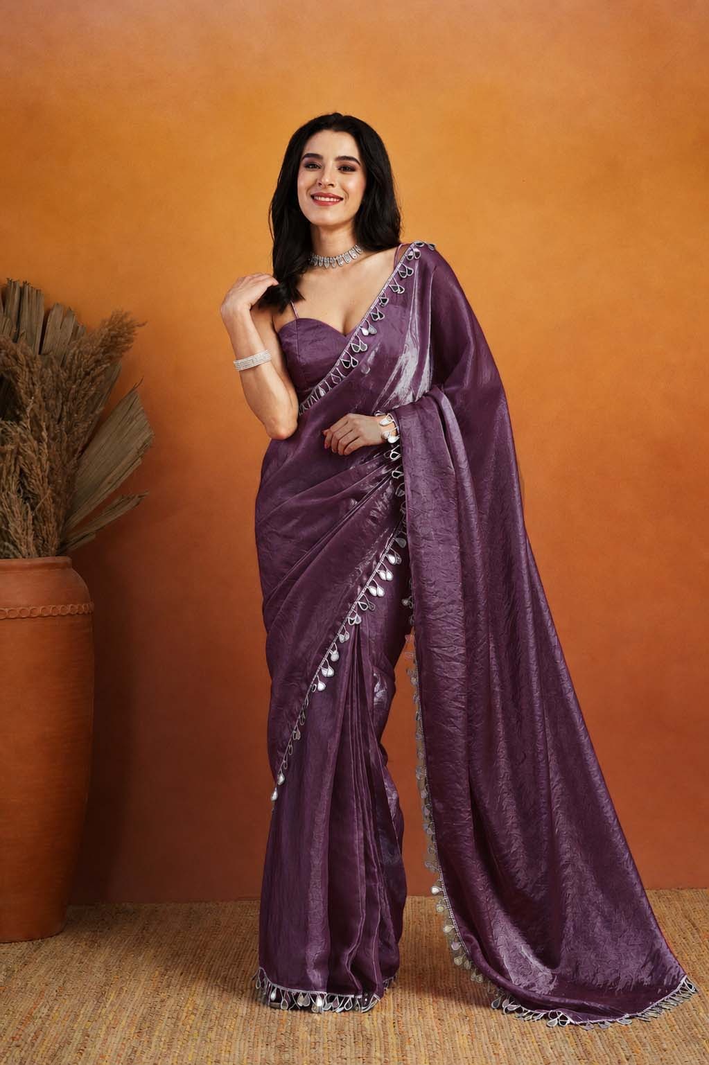 Purple Designer Organza Ready To Wear Saree with Mirror Work
