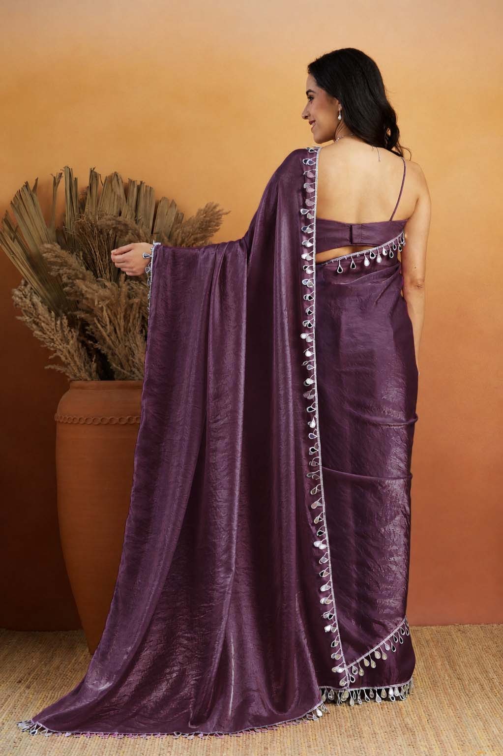Purple Designer Organza Ready To Wear Saree with Mirror Work