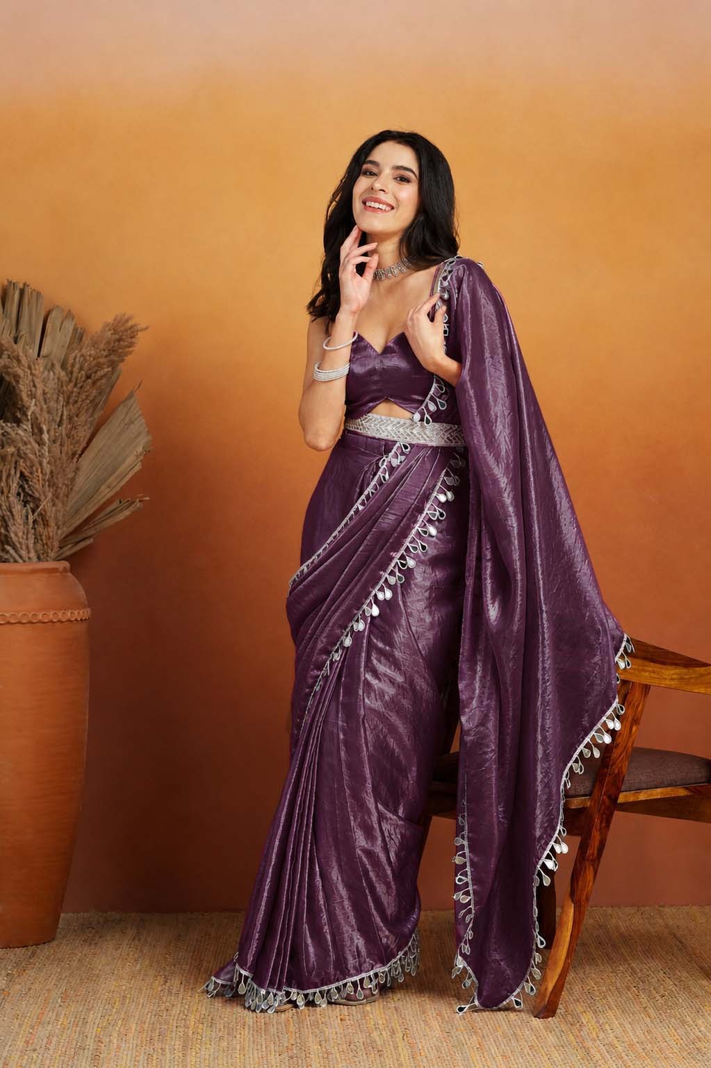 Purple Designer Organza Ready To Wear Saree with Mirror Work