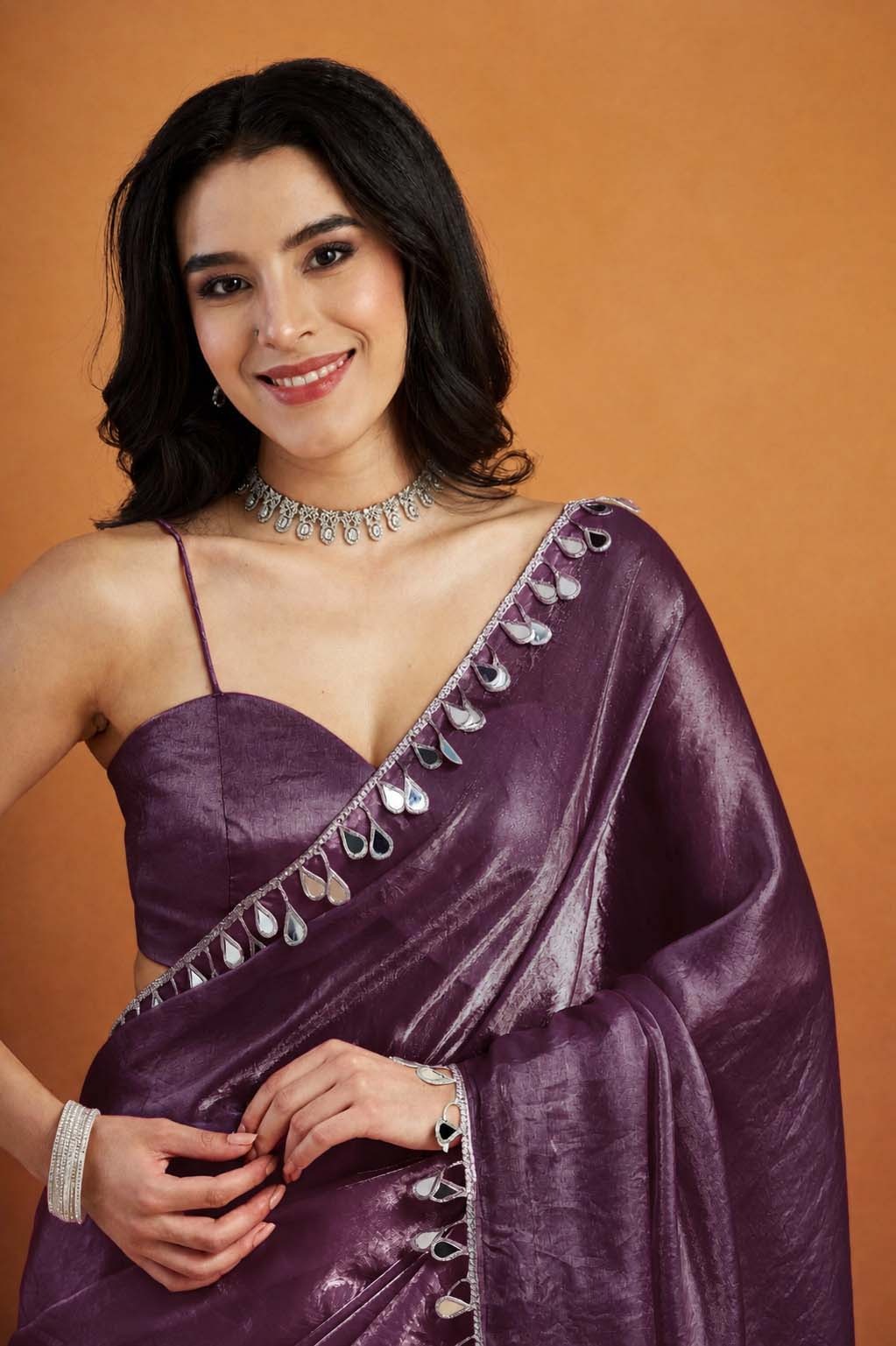 Purple Designer Organza Ready To Wear Saree with Mirror Work