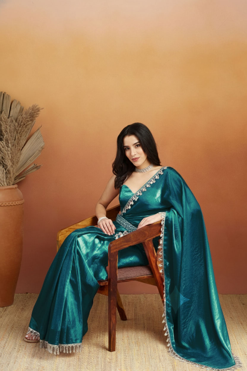 Teal Designer Tissue Ready To Wear Saree