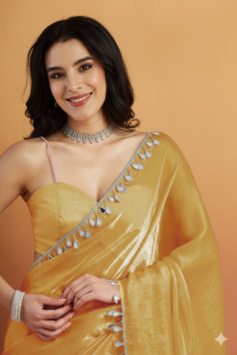 Yellow Designer Tissue Ready To Wear Saree with Sequins Work