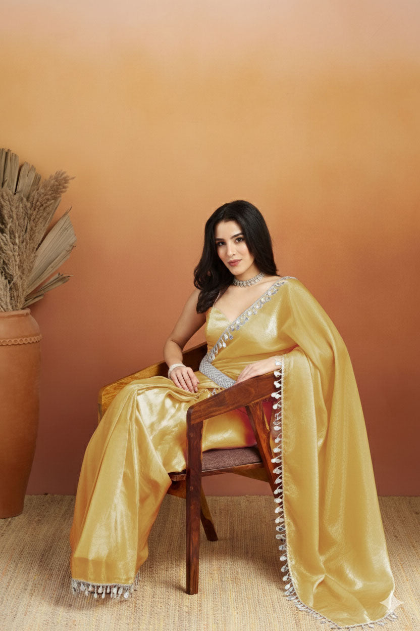 Yellow Designer Tissue Ready To Wear Saree with Sequins Work