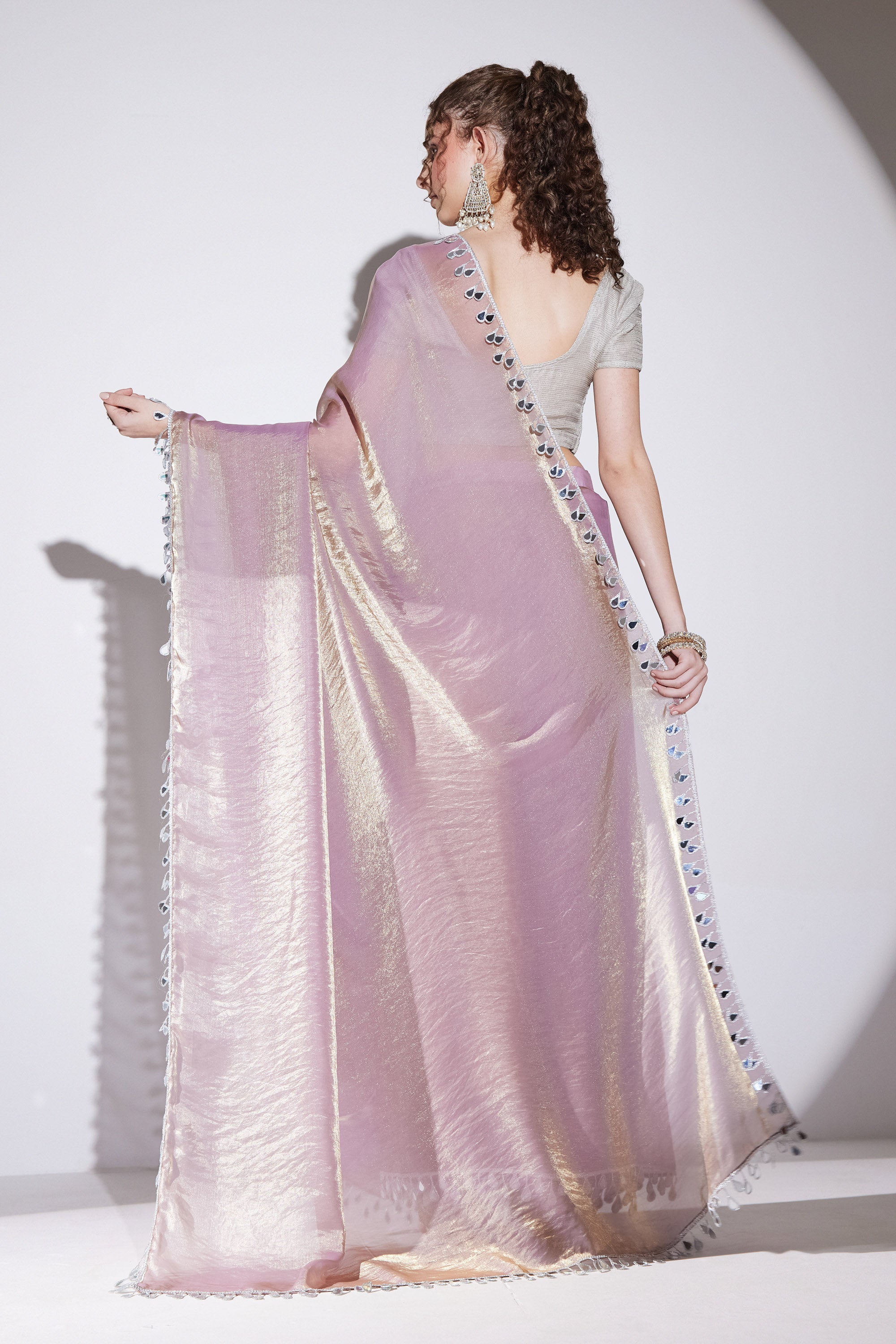 Pink Designer Silk Blend Ready To Wear Saree with Mirror Work