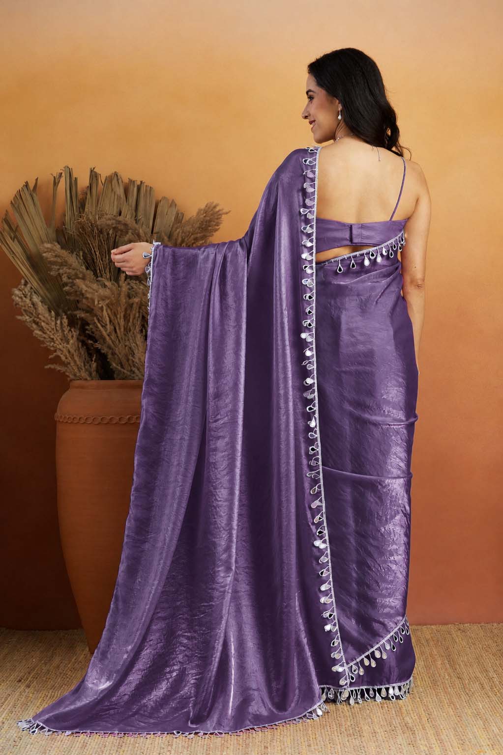 Lavender Designer Organza Ready To Wear Saree with Mirror Work