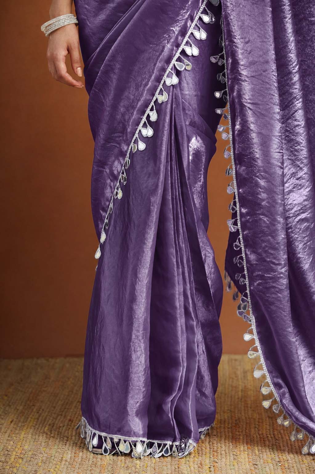 Lavender Designer Organza Ready To Wear Saree with Mirror Work