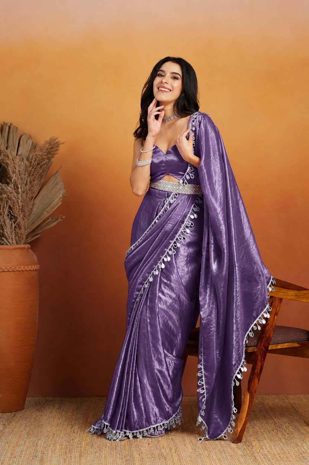 Lavender Designer Organza Ready To Wear Saree with Mirror Work