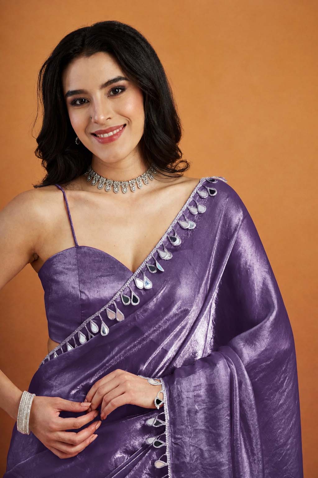 Lavender Designer Organza Ready To Wear Saree with Mirror Work