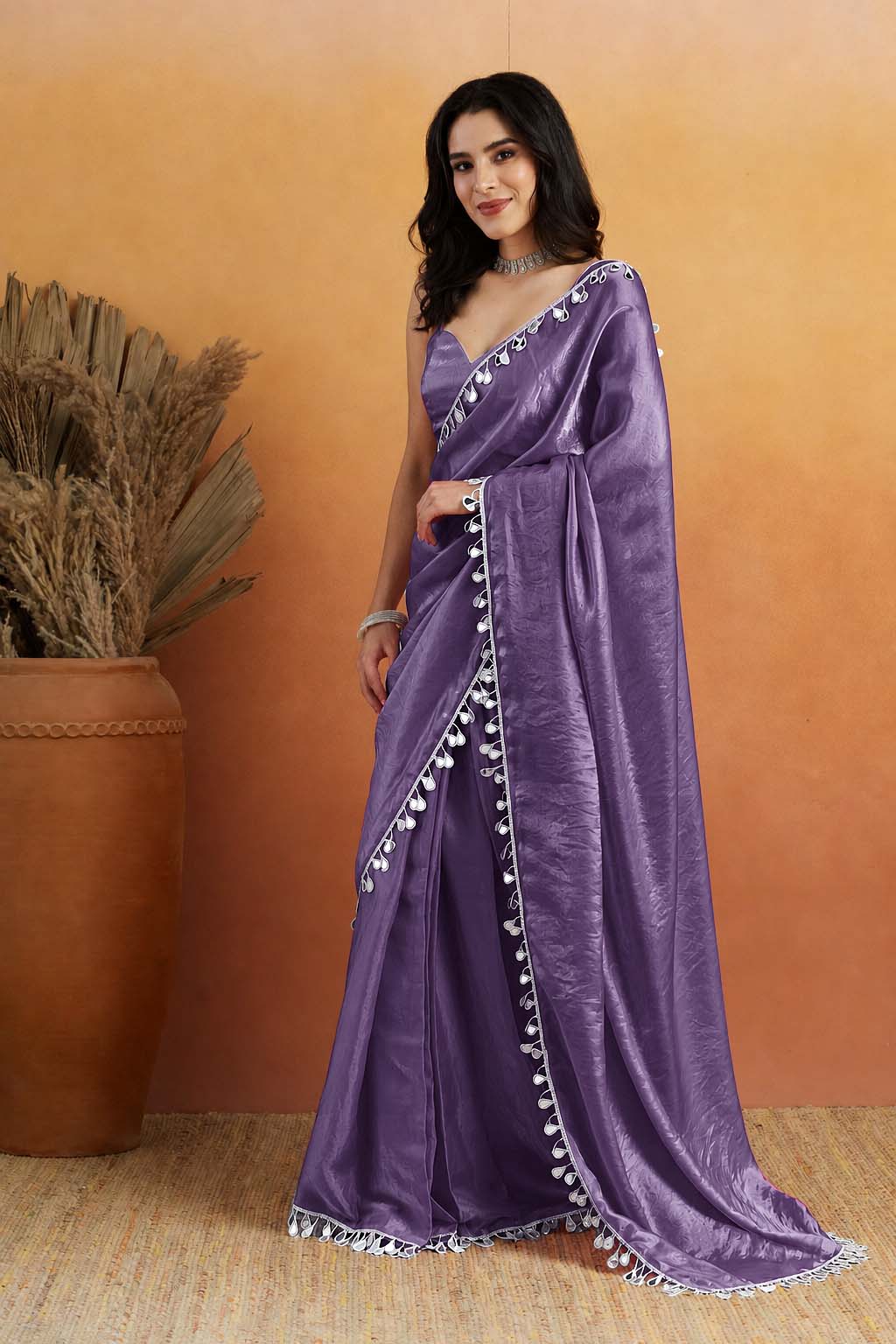 Lavender Designer Organza Ready To Wear Saree with Mirror Work