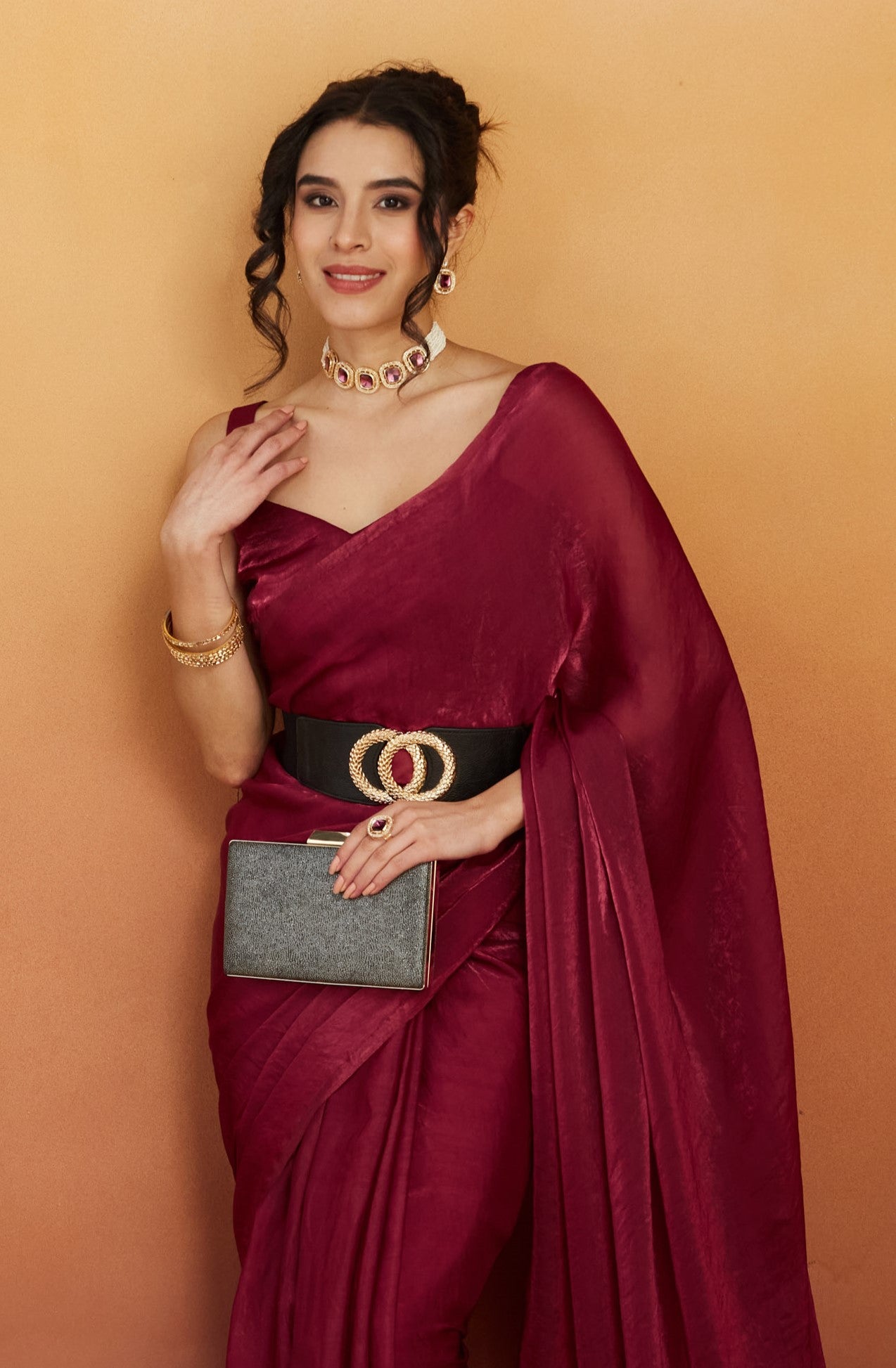 Hanging Tassels Lace Work Solid Fandy Red Ready to Wear Saree