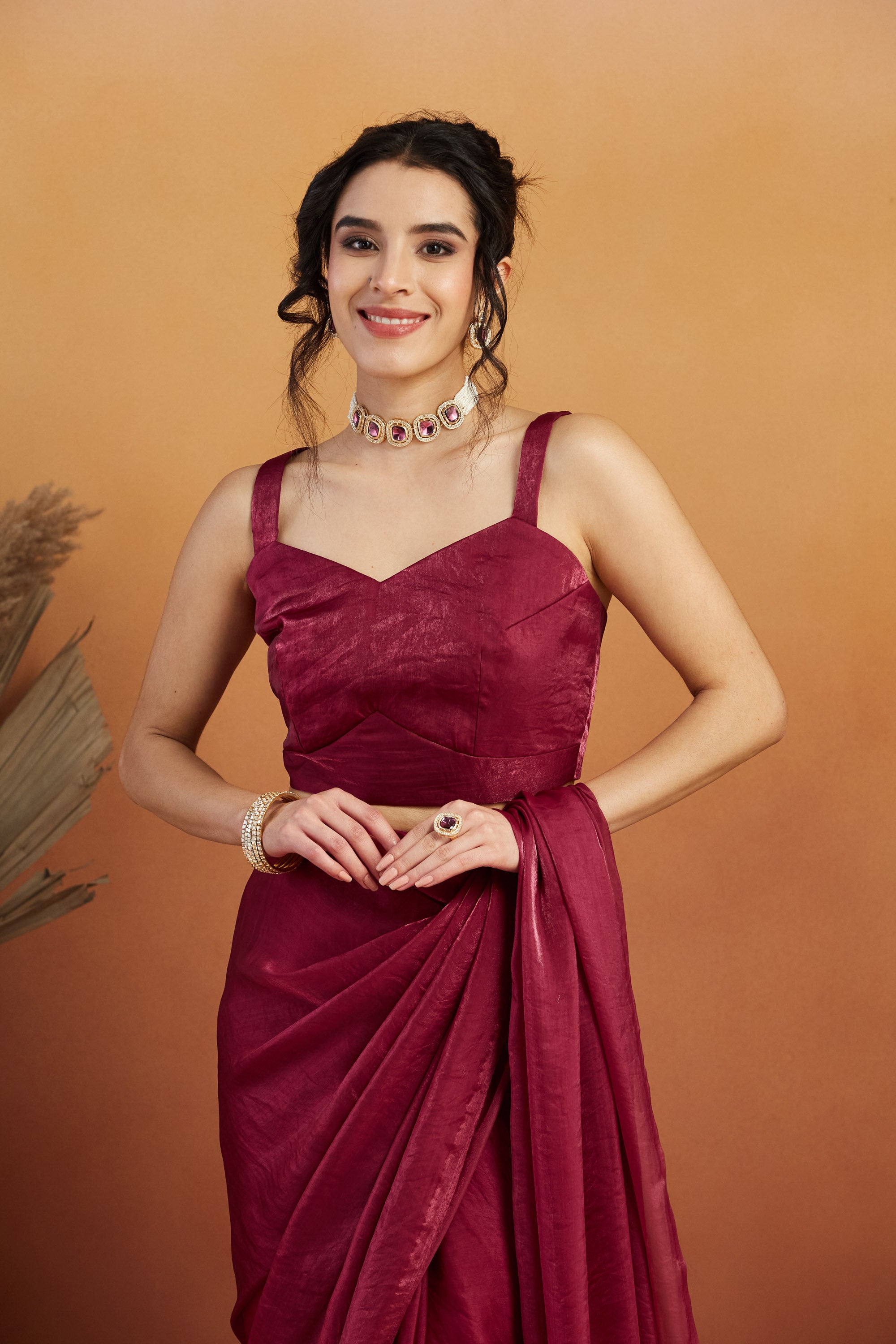 Hanging Tassels Lace Work Solid Fandy Red Ready to Wear Saree