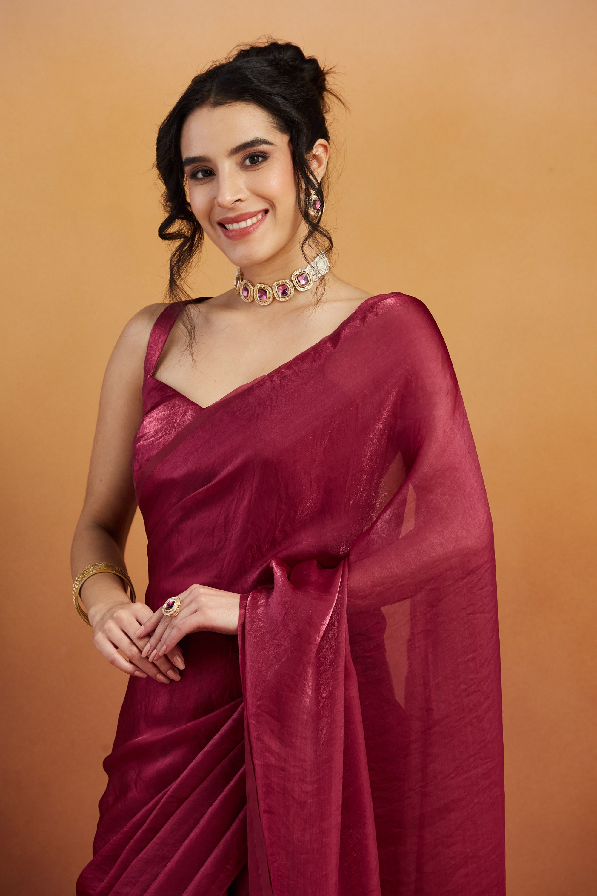 Hanging Tassels Lace Work Solid Fandy Red Ready to Wear Saree