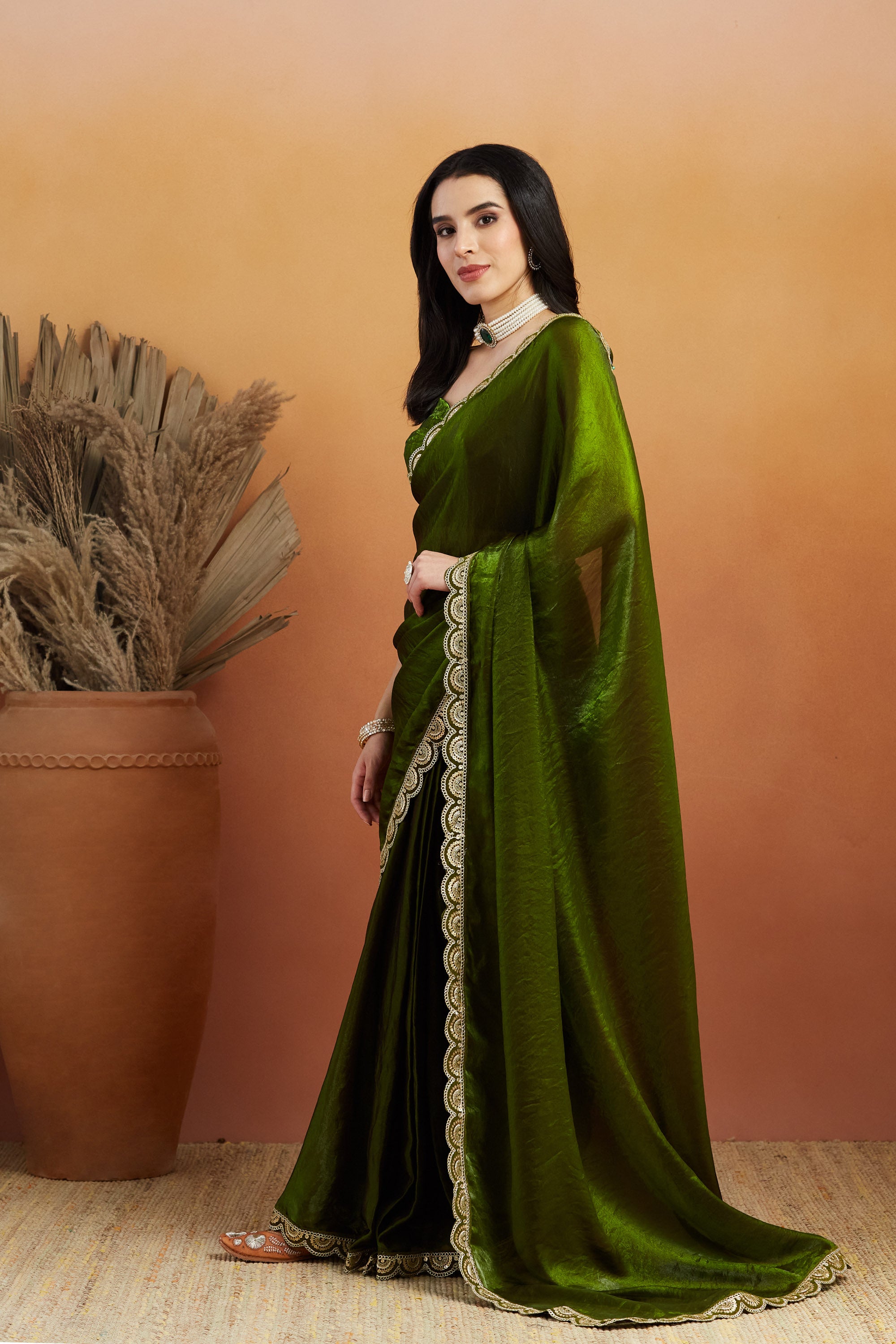 Gota Stone Tassels Fandy Mehendi Glass Tissue Silk  Saree