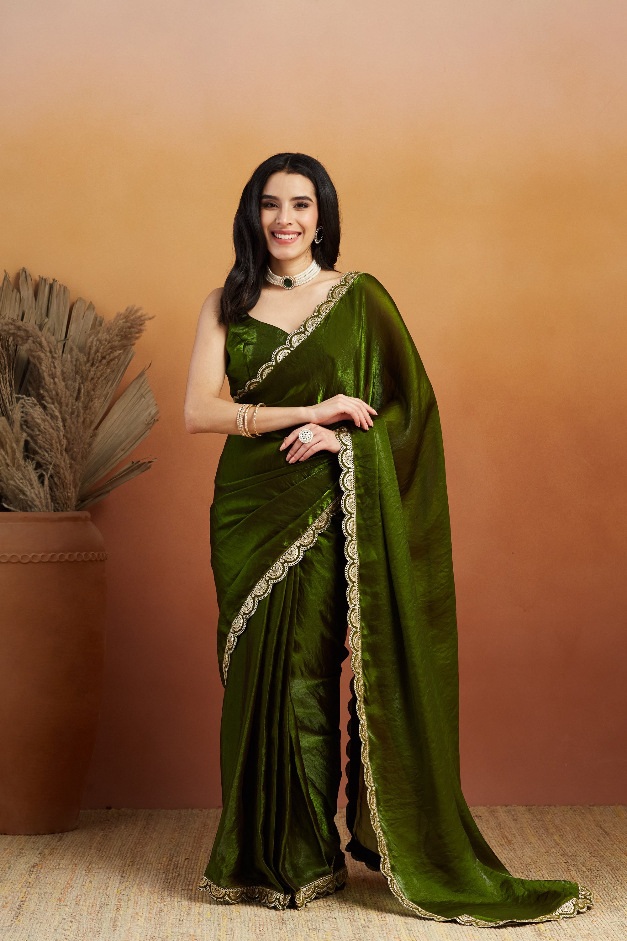 Gota Stone Tassels Fandy Mehendi Glass Tissue Silk Ready to Wear Saree