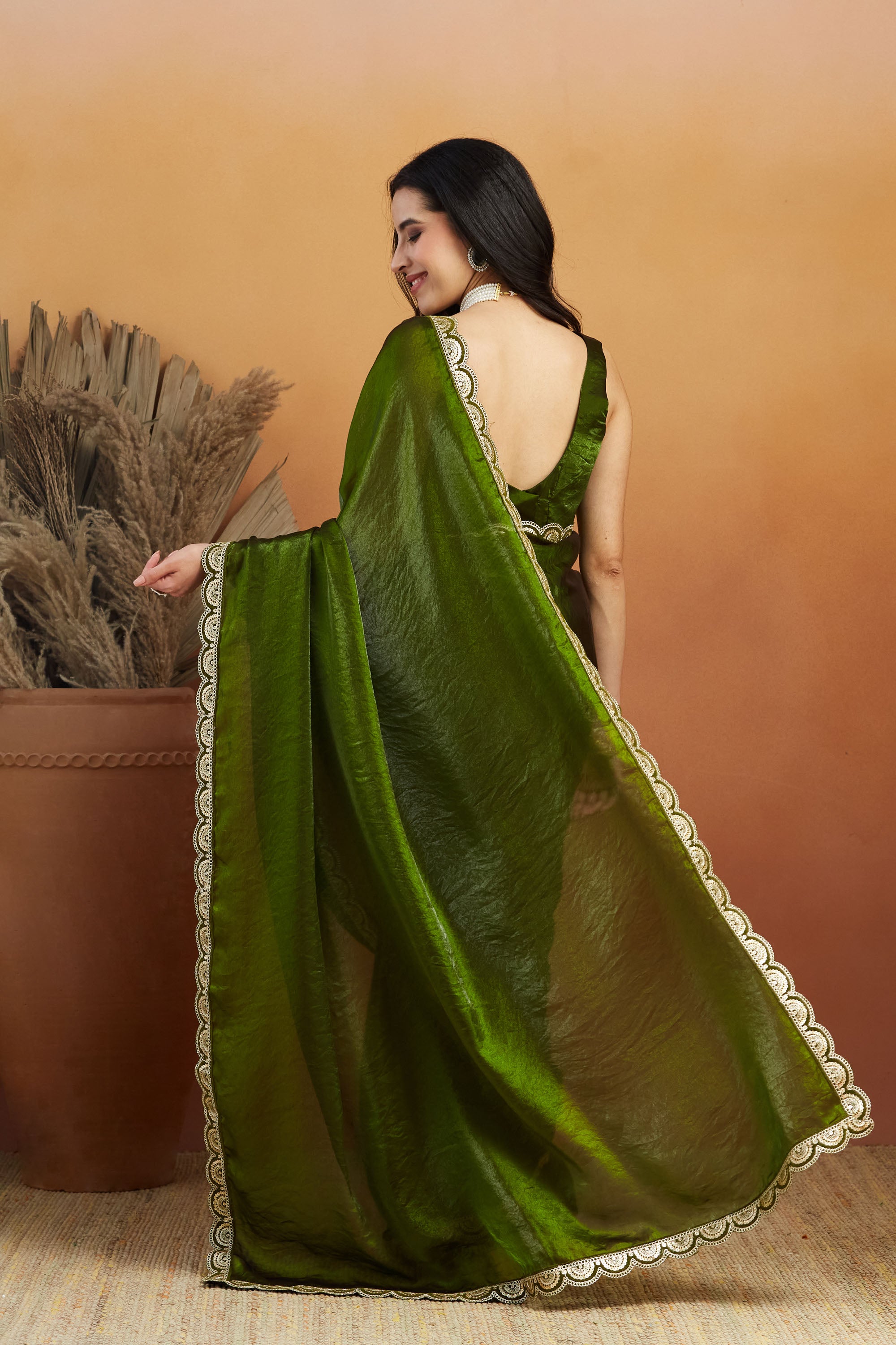 Gota Stone Tassels Fandy Mehendi Glass Tissue Silk  Saree