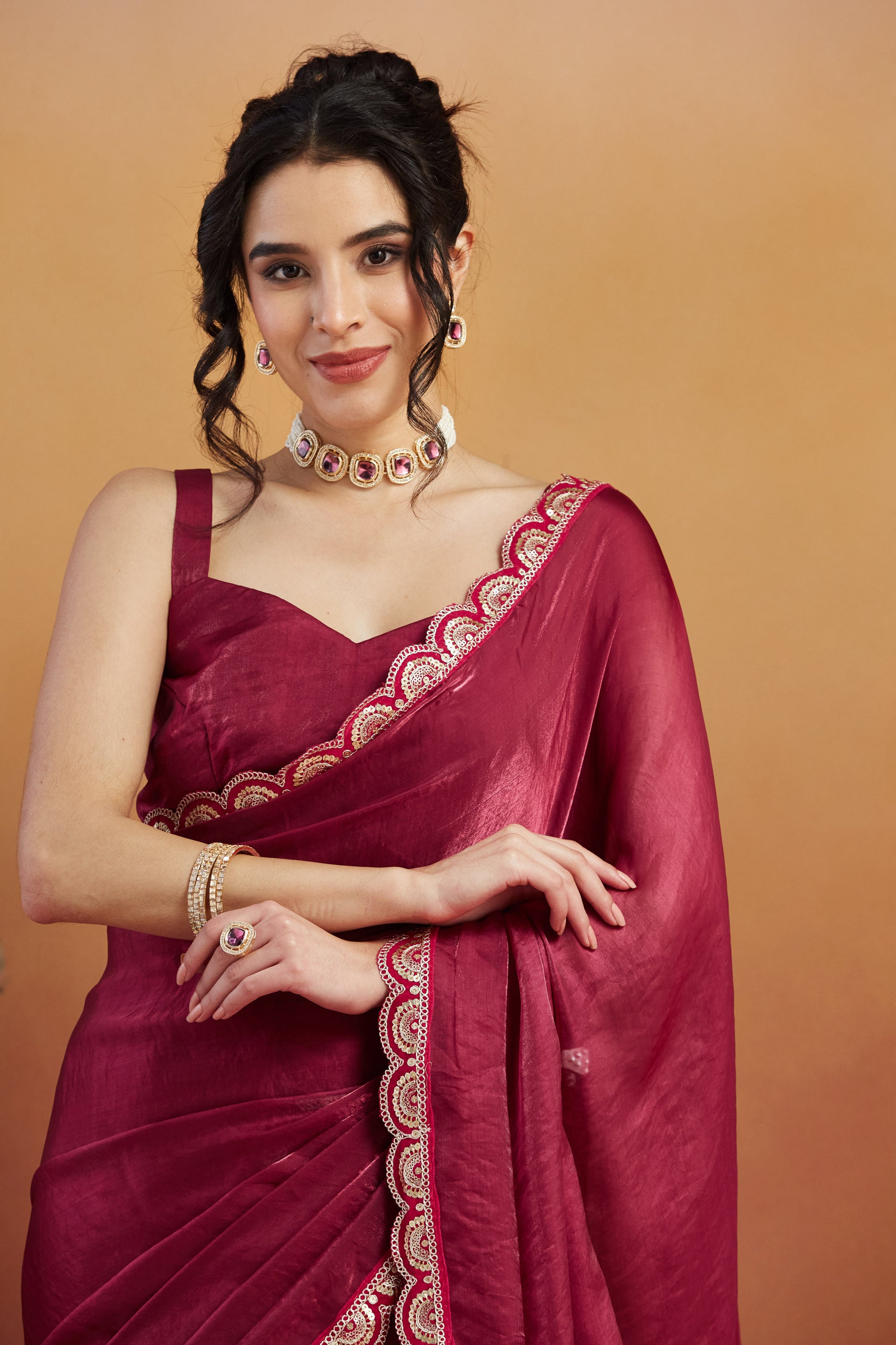 Gota Stone Tassels Fandy Red Glass Tissue Silk  Saree