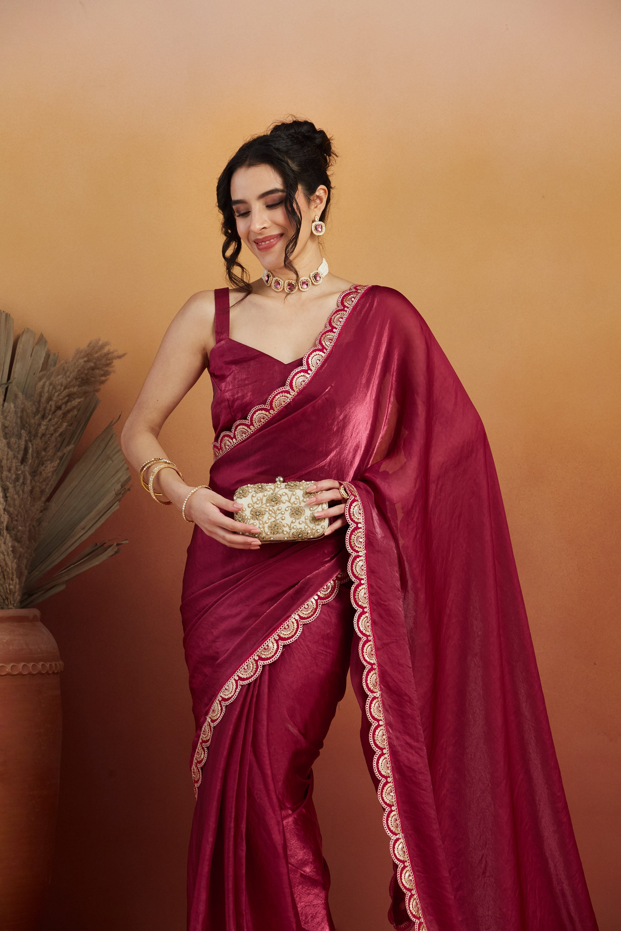 Gota Stone Tassels Fandy Red Glass Tissue Silk  Saree
