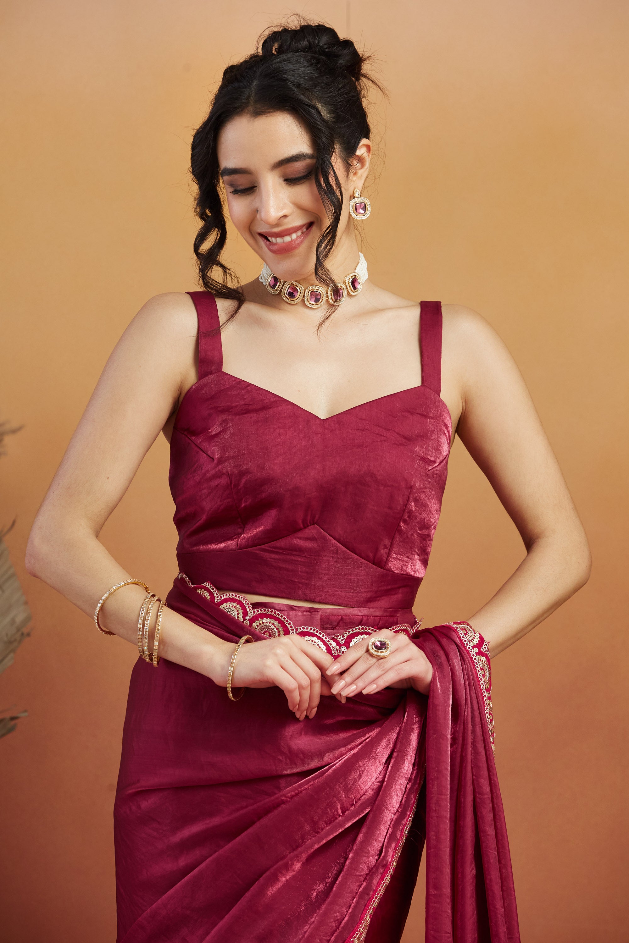 Gota Stone Tassels Fandy Red Glass Tissue Silk  Saree