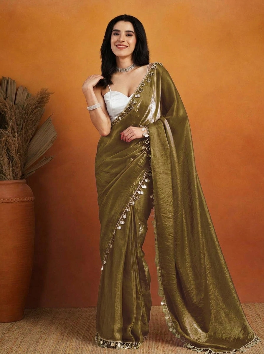 Mehendi Green Designer Organza Mirror Work Ready To Wear Saree