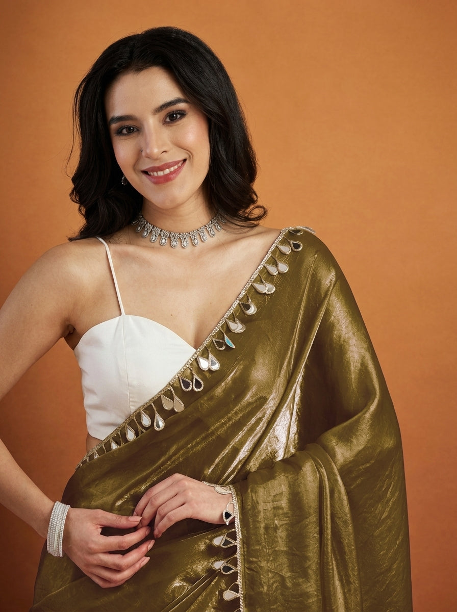 Mehendi Green Designer Organza Mirror Work Ready To Wear Saree