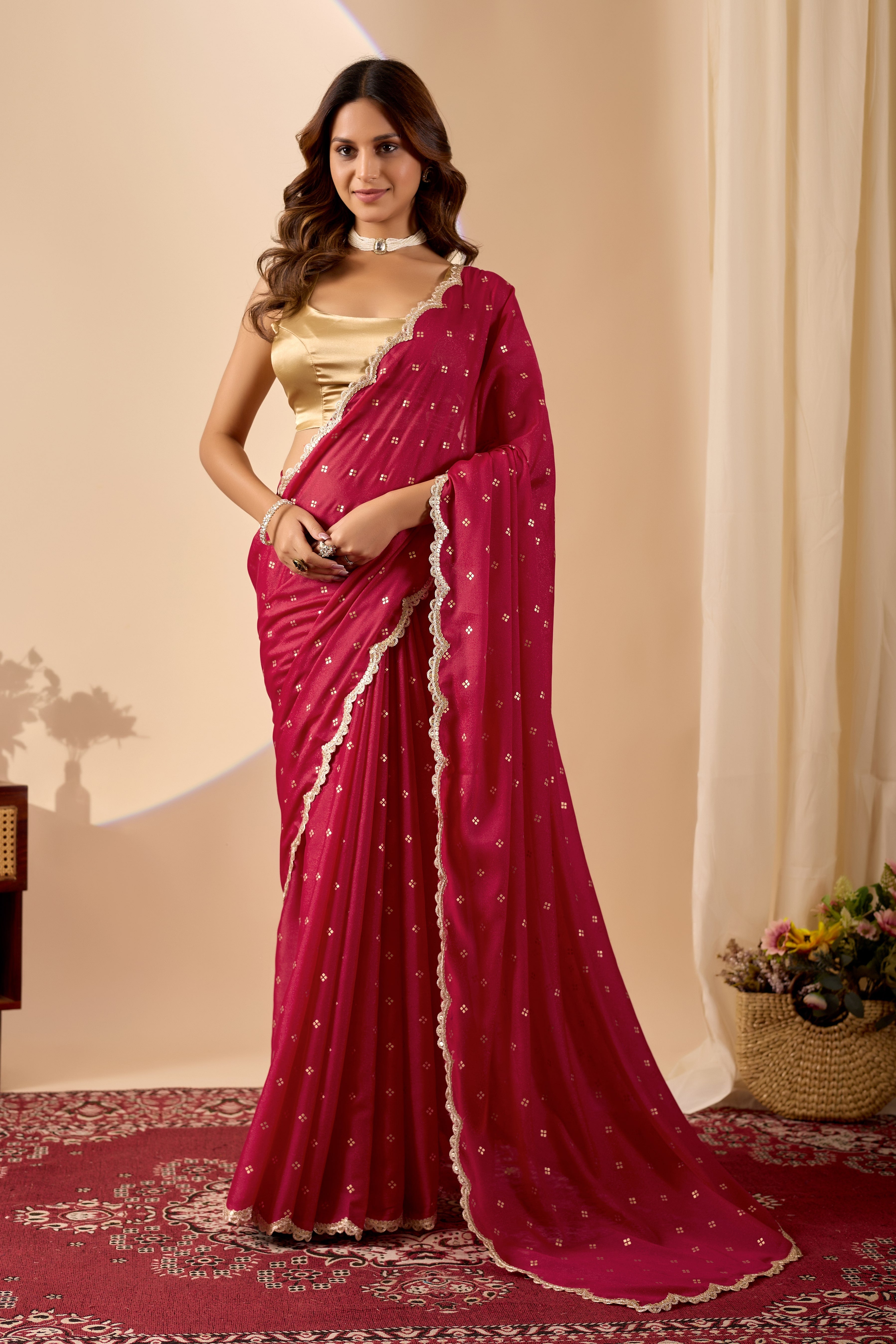 Regal Wine Red Poly Georgette Saree with a Luxurious Gold Satin Blouse.
