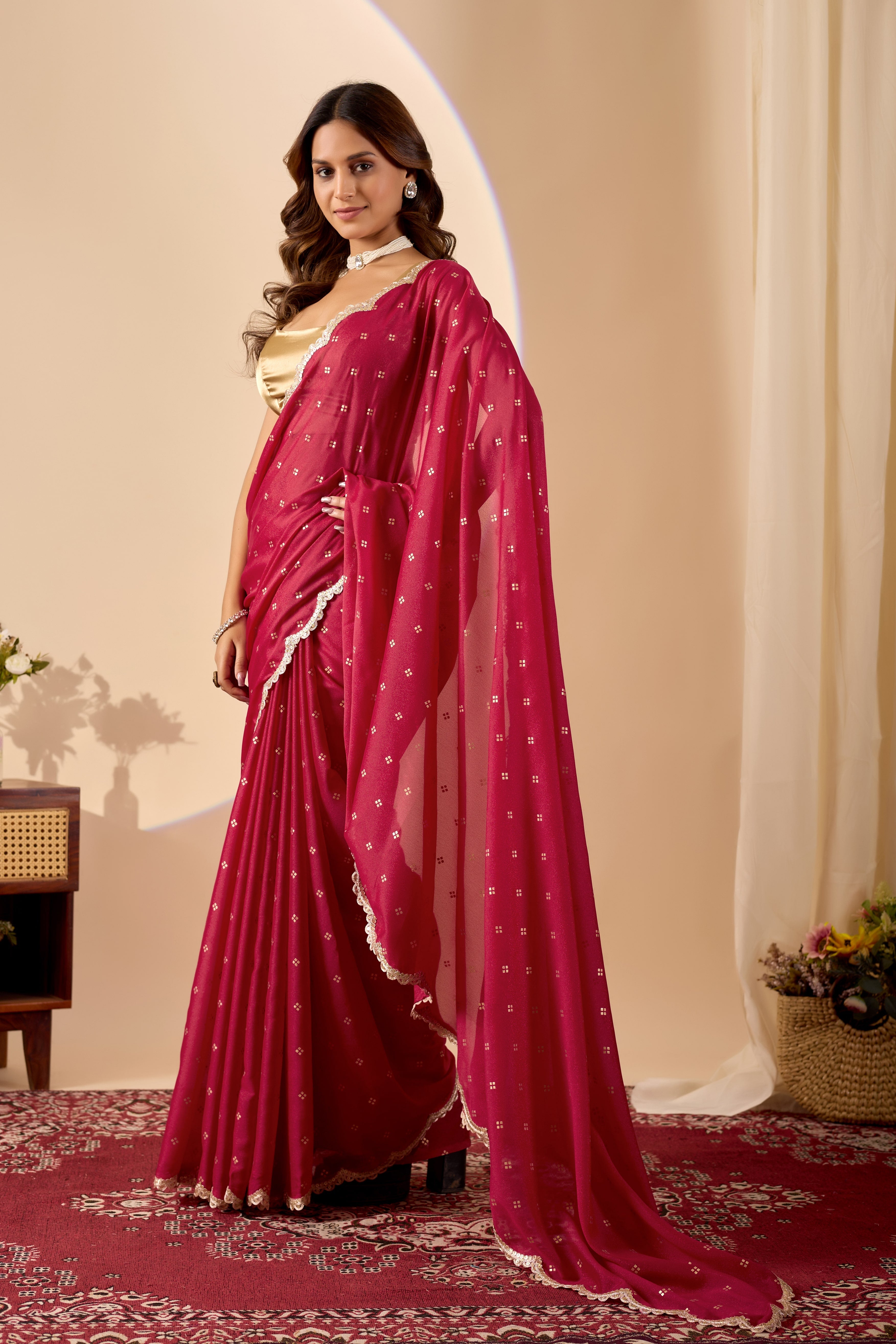 Regal Wine Red Poly Georgette Saree with a Luxurious Gold Satin Blouse.