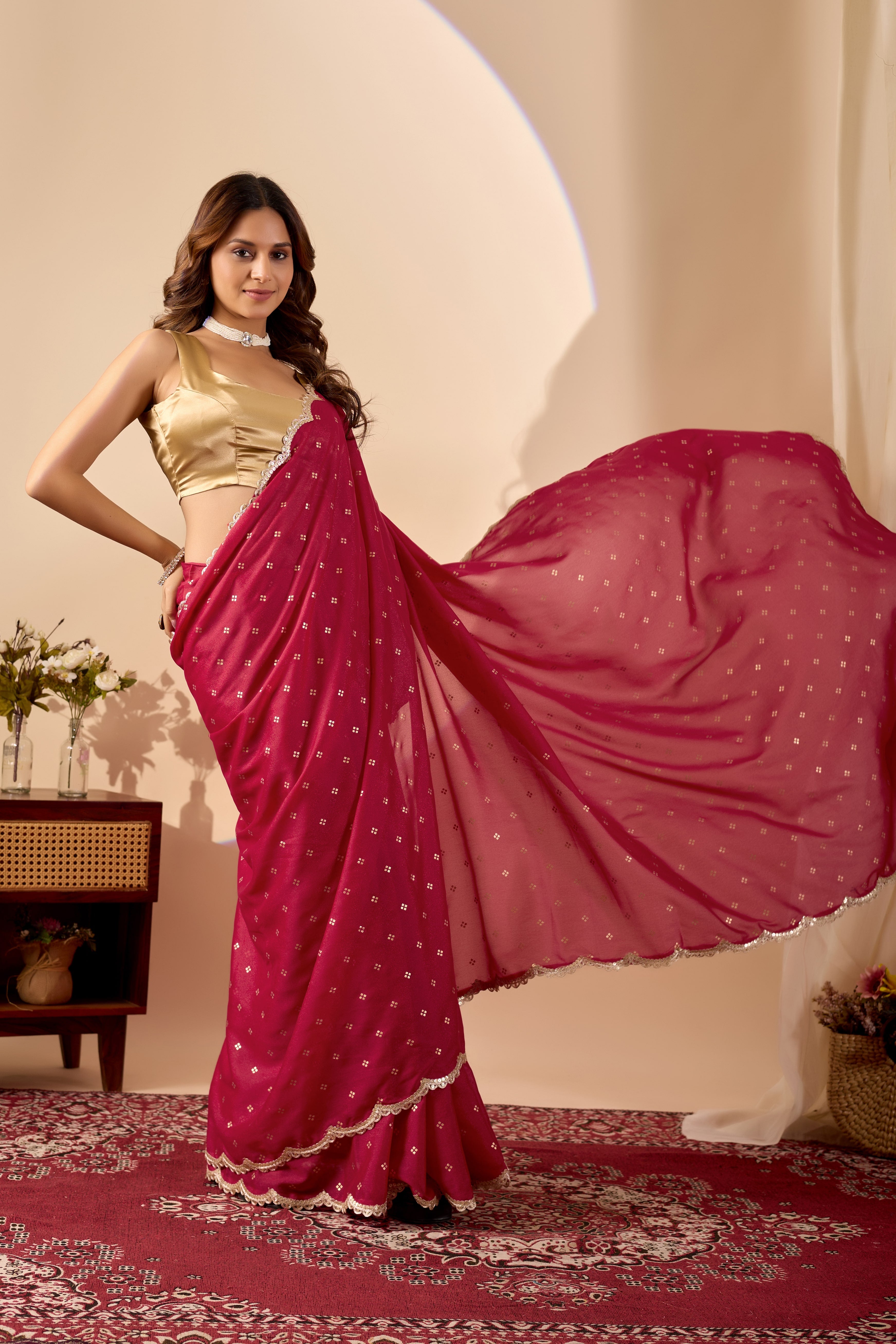 Regal Wine Red Poly Georgette Saree with a Luxurious Gold Satin Blouse.