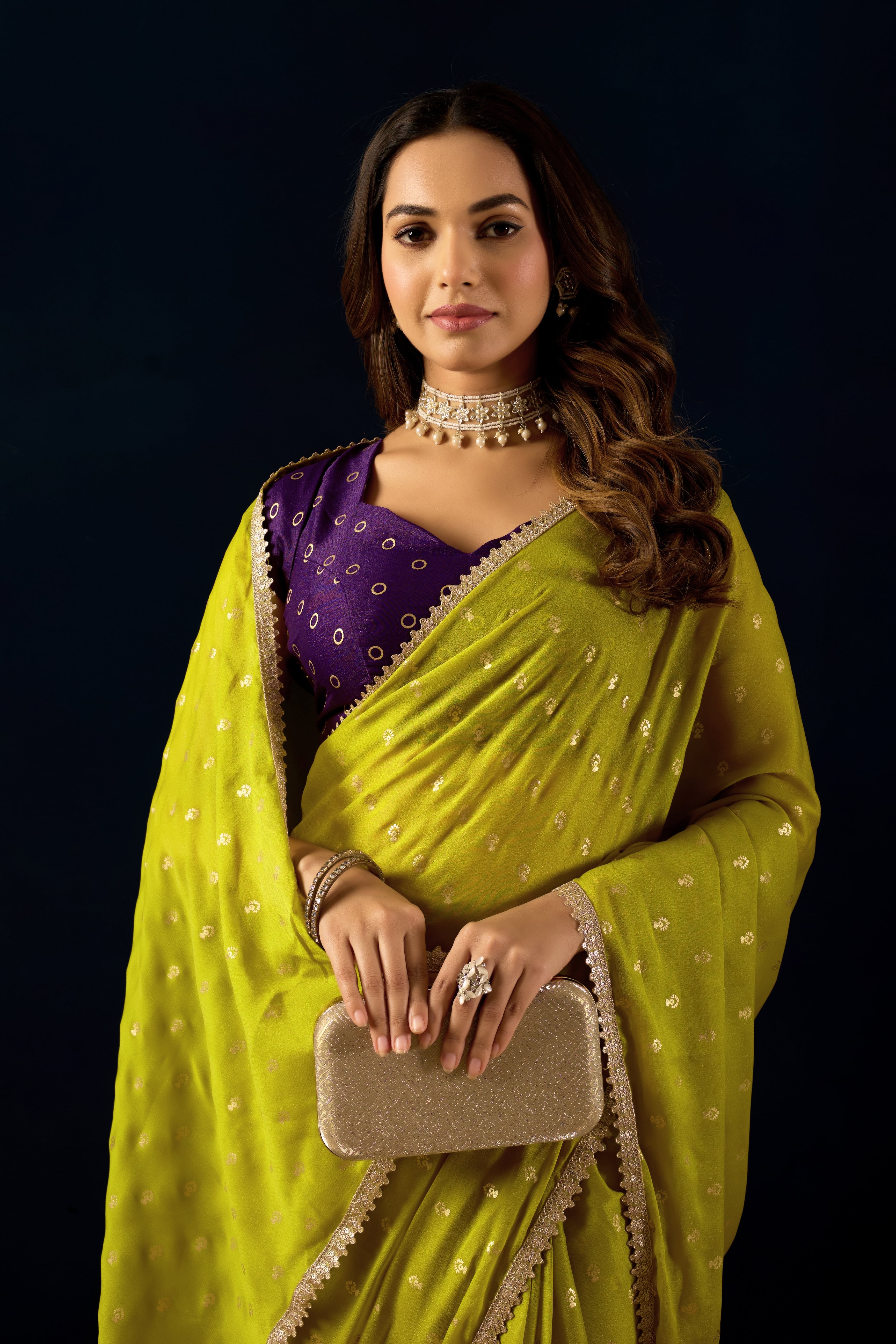 Lime Olive Dotted Saree featuring a Scalloped Lace Border