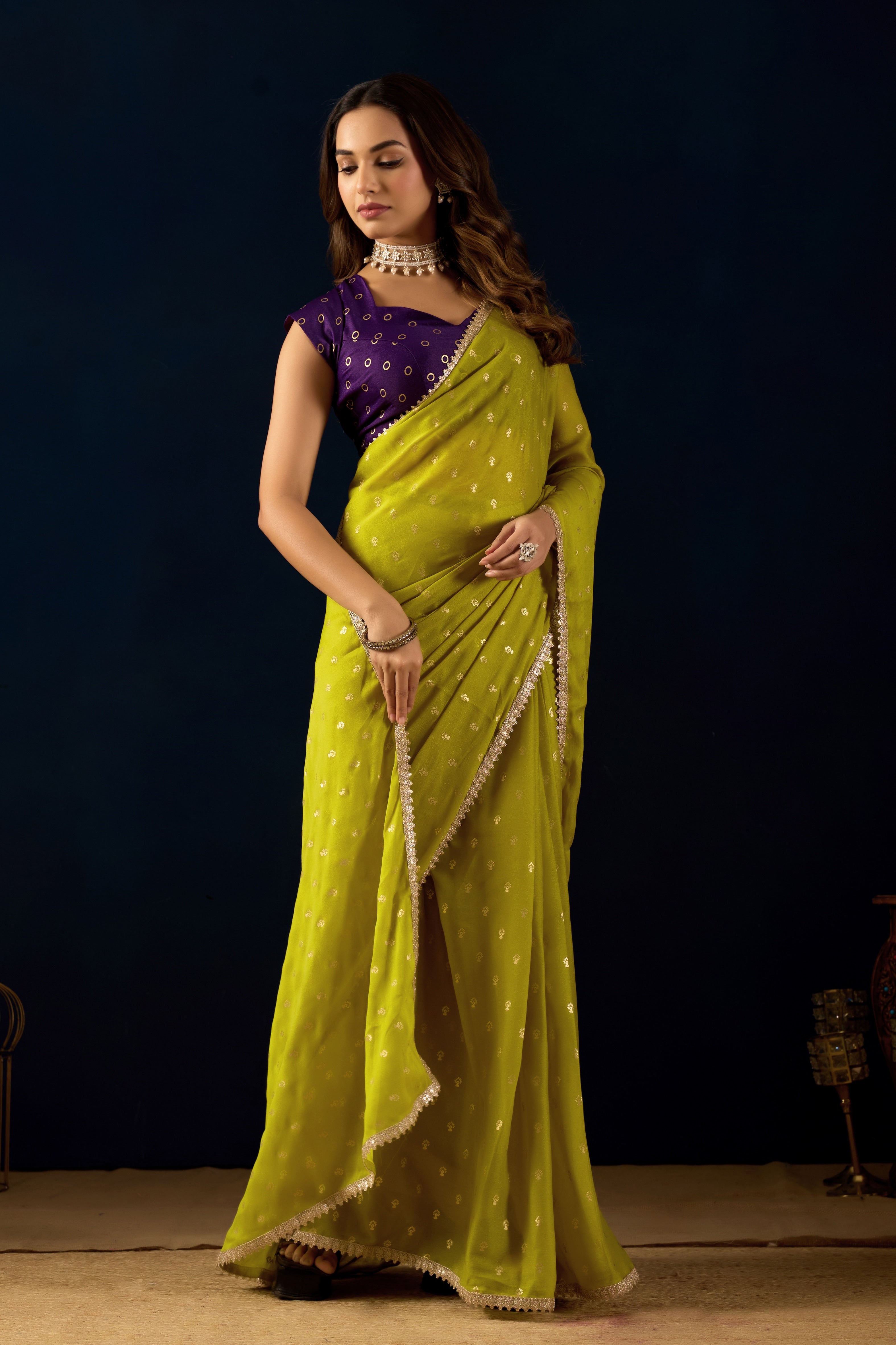 Lime Olive Dotted Saree featuring a Scalloped Lace Border