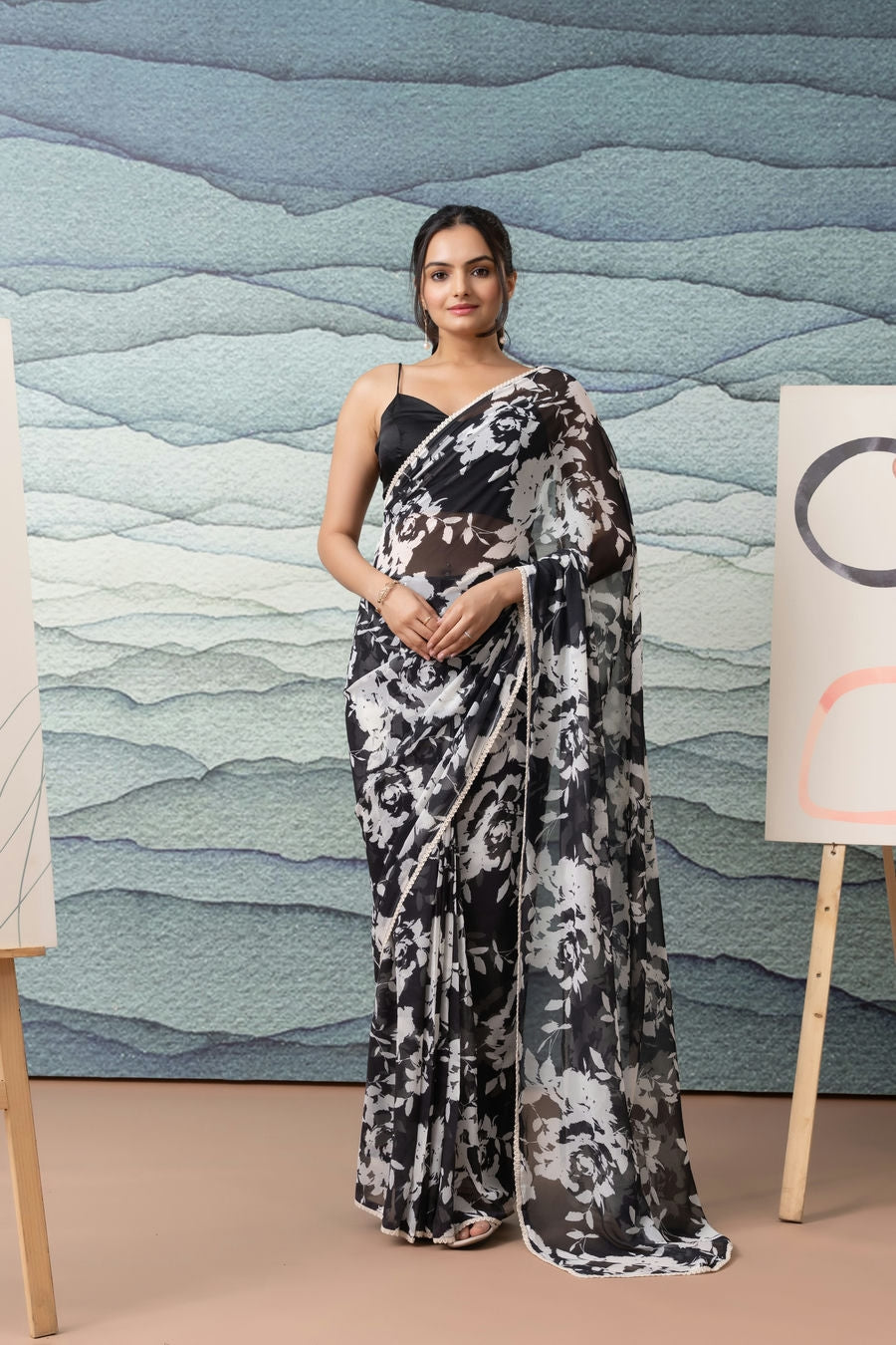 Georgette Black n White Floral Printed Ready to Wear Saree