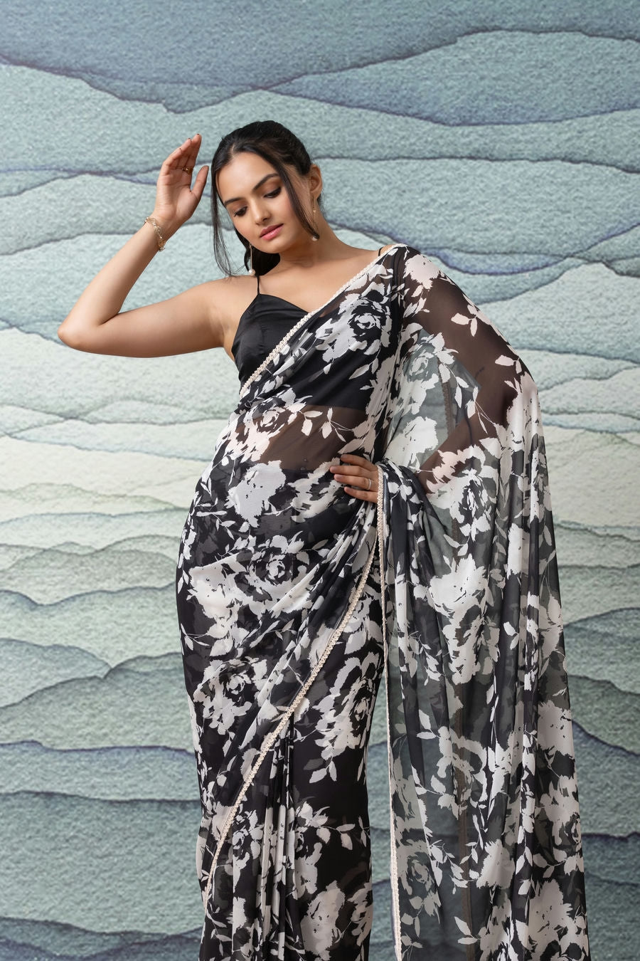 Georgette Black n White Floral Printed Ready to Wear Saree