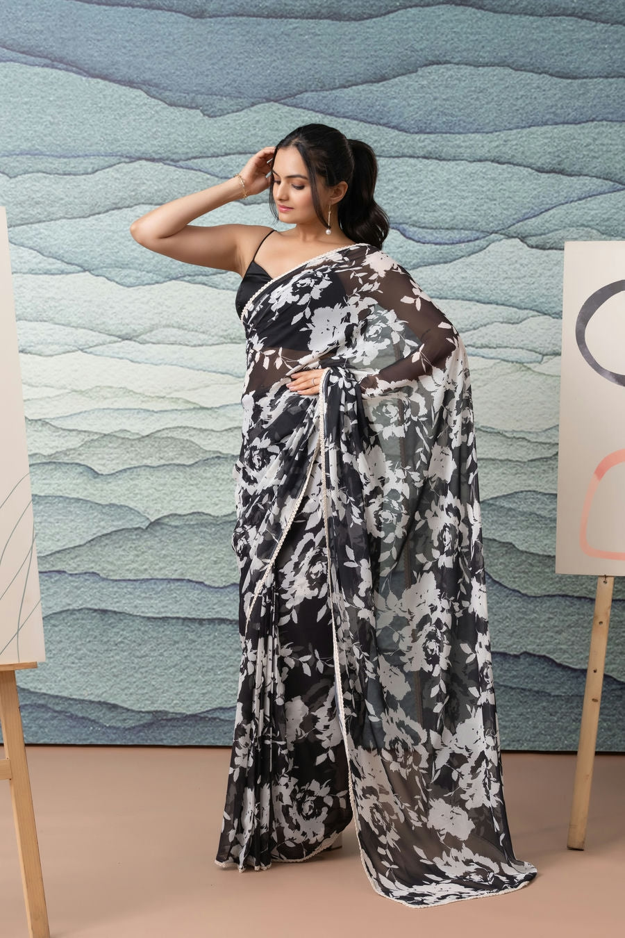 Georgette Black n White Floral Printed Ready to Wear Saree